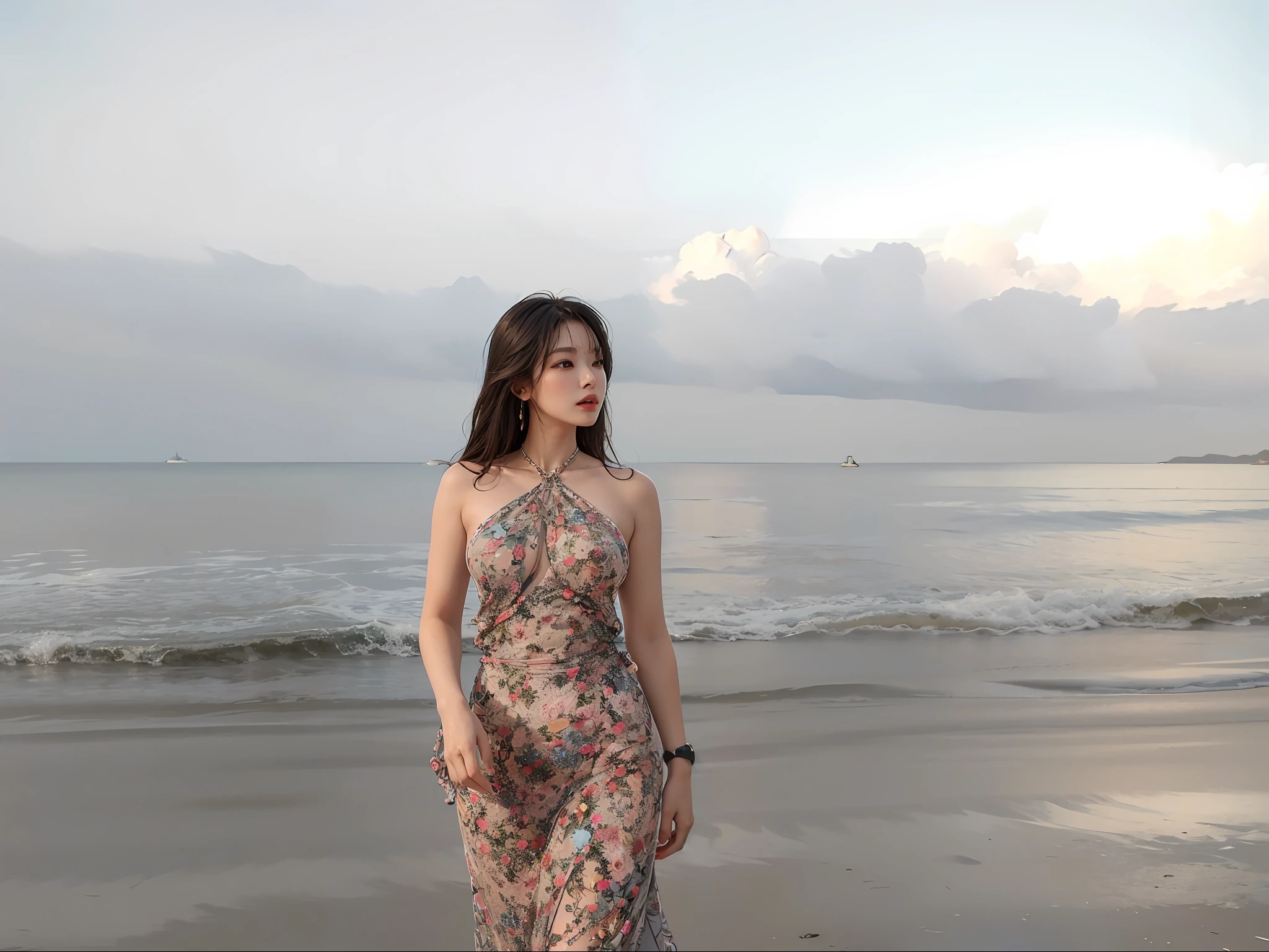 Beautiful woman, large breasts detailed body, with sexy look, sexy body, ultra detailed skin, blue sea color and gray color cloud