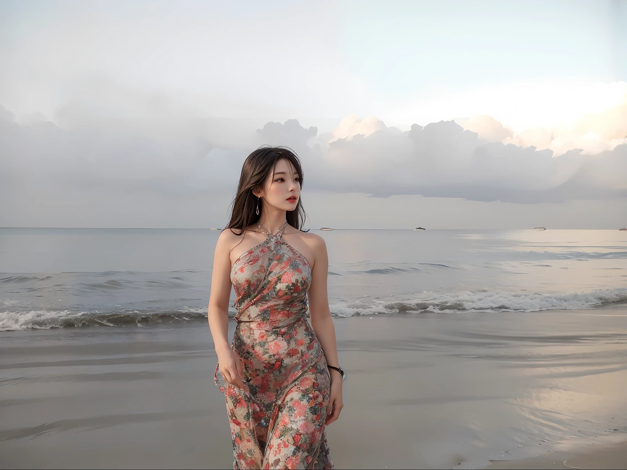 Beautiful woman, large breasts detailed body, with sexy look, sexy body, ultra detailed skin, blue sea color and gray color cloud