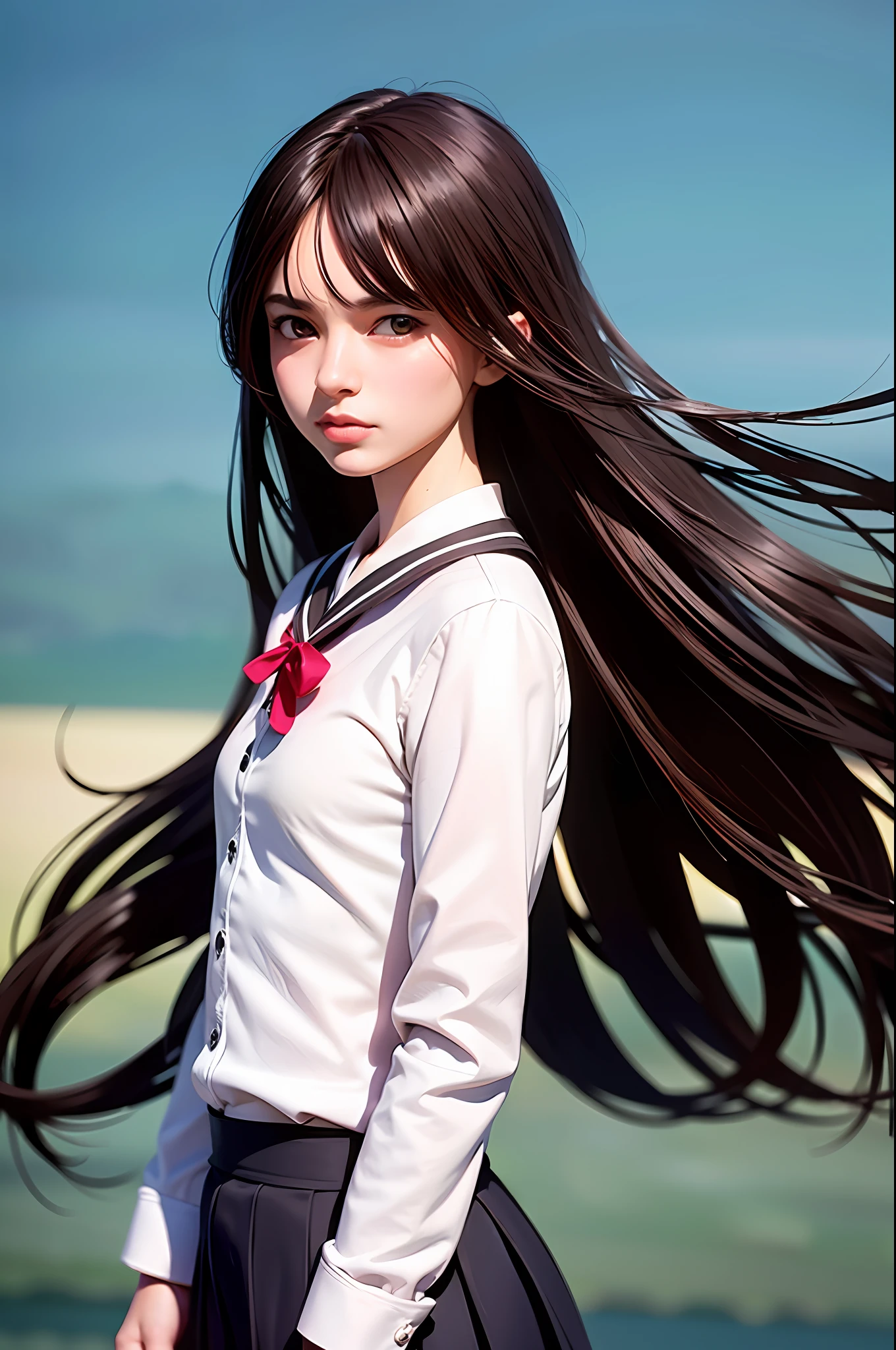 (Highly detailed CG unity 8k wallpaper), (Masterpiece), (Best Quality), (Super Detail), (Best Illustration), (Best Shadow), (Best Shadow), (Photorealism:1.6), Real Human Skin, Lens Flare, Shade, Backlight, Bloom, Depth of Field, Natural Light, Hard Focus, Film Grain, Staring at Beholder, 18 years old, Solo Focus, Skinny, pale skin, soft lips, (light eyebrows: 1.4),shiny brown eyes, black long hair, kanzashi, small tits, fine sky, floating hair, library, (blush), fine eyes, school uniform