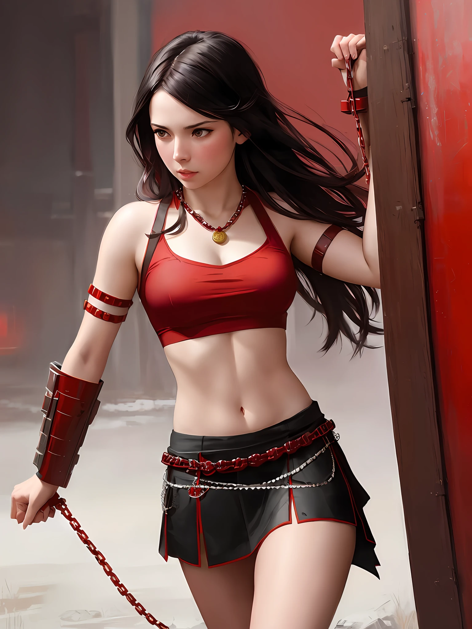 stunningly beautiful photo realistic cute warrior in skirt , using red chains, with red arms, Atey Ghailan, by Jeremy Mann, Greg Manchess, Antonio Moro, trending on ArtStation, trending on CGSociety, Intricate, High Detail, Sharp focus, dramatic, photorealistic painting art by midjourney and greg rutkowski