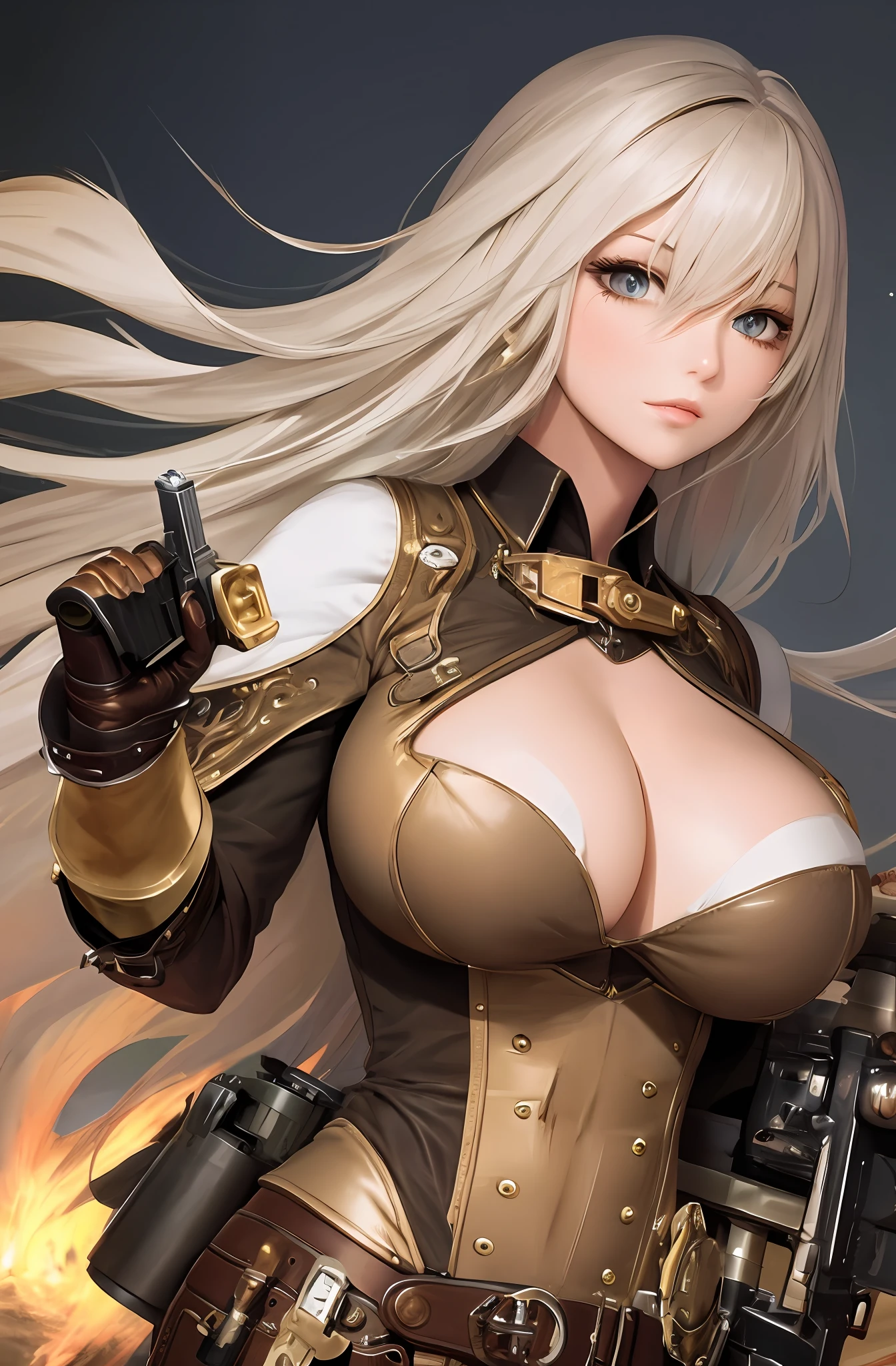 Best quality, masterpiece, upper body, woman, windblonde hair, sparkling eyes, steampunk style, big breasts, carrying a gun