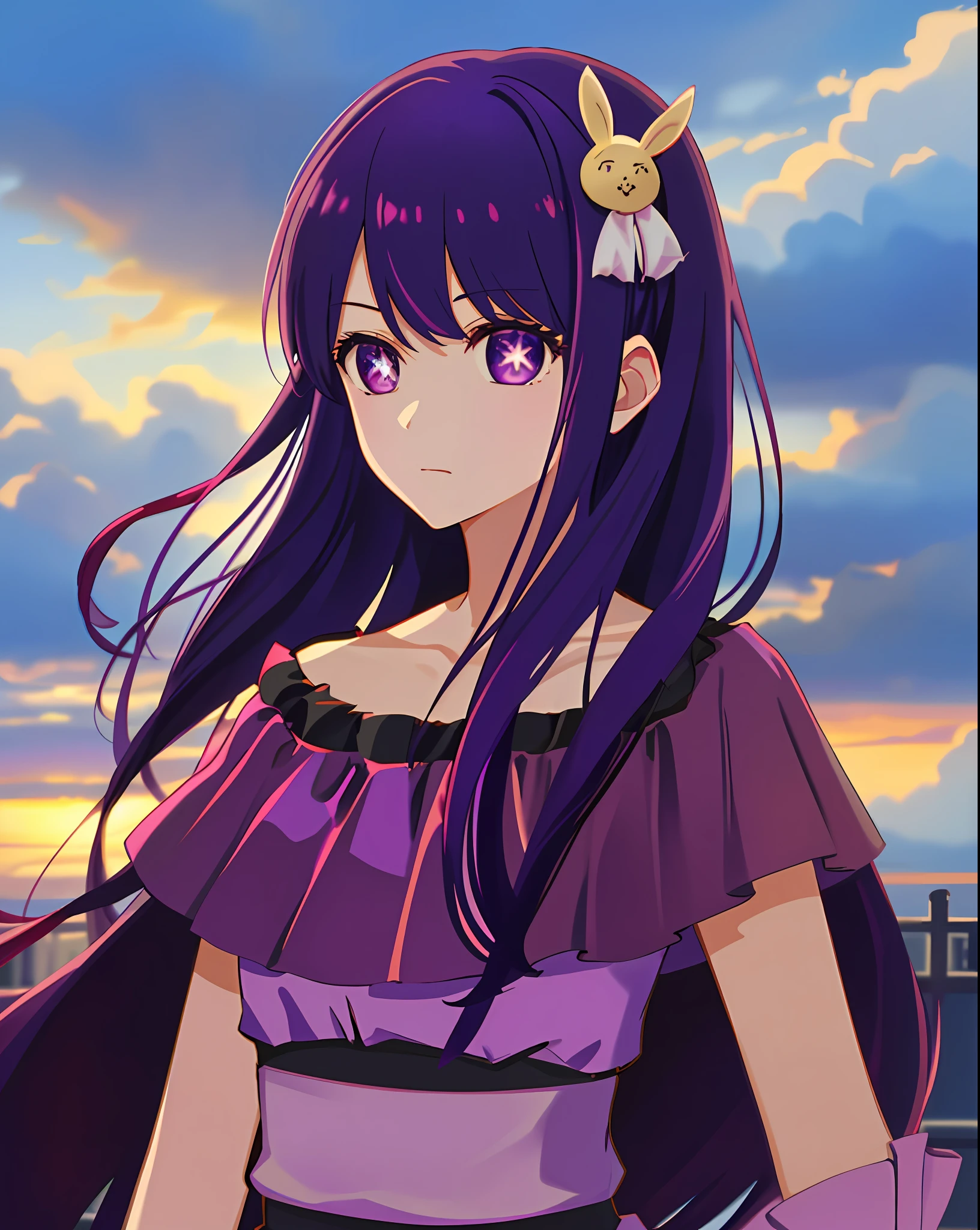 ((masterpiece)), (best quality:1.2), detailed, Hoshino Ai, girl, (solo), (purple hair:1.2), shiny hair, hair down, (sidelocks:1.2), (purple eyes), star-shaped pupils, (expressionless:1.2), (standing:1.3), hair ornament, cowboy shot, (elbow gloves:1.1), (shiny dress:1.2), collarbone, bare shoulder, detailed eyes, highres, (clouds:1.3), (sky:1.3), sunny day, depth of field, high details, (staring at viewer:1.2)