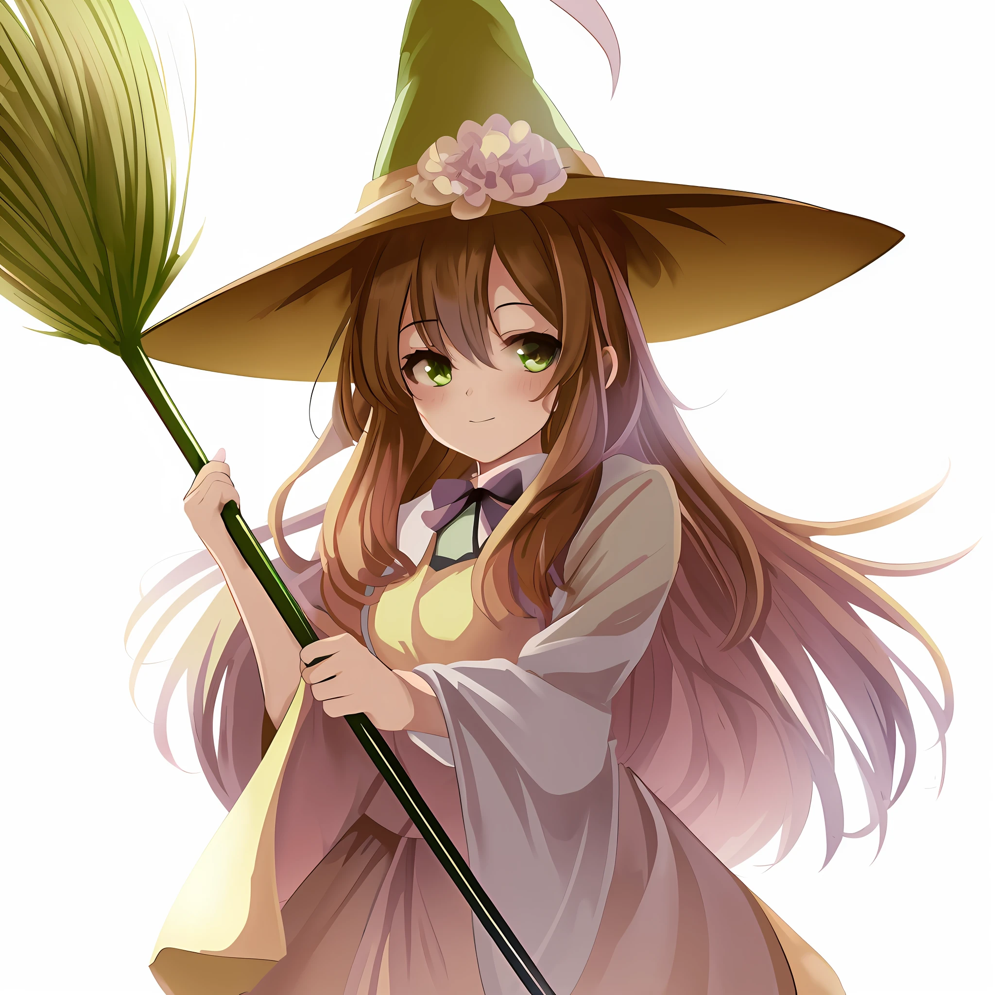 anime girl in a witch costume holding a broom and a green hat, beautiful wizard, flirty anime witch casting magic, classical witch, witch girl, bright witch, pretty sorceress, witch, a witch, portrait of a young witch girl, from touhou, render of april, zerochan art, (anime girl), marisa kirisame, cute anime girl