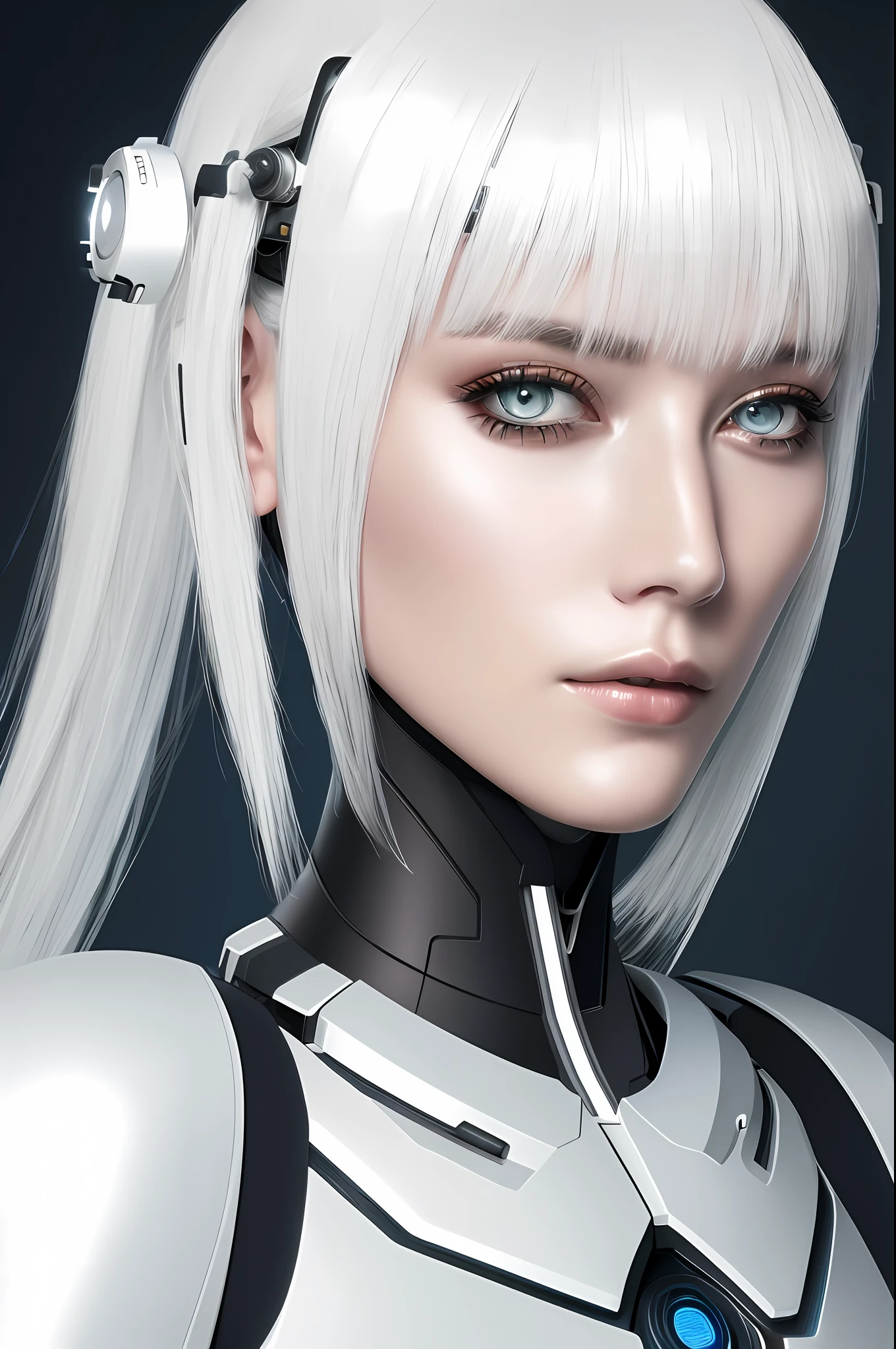 Close-up of woman with white hair, robot, android, metal skin, cyborg, beautiful digital illustration, science fiction, digital illustration style