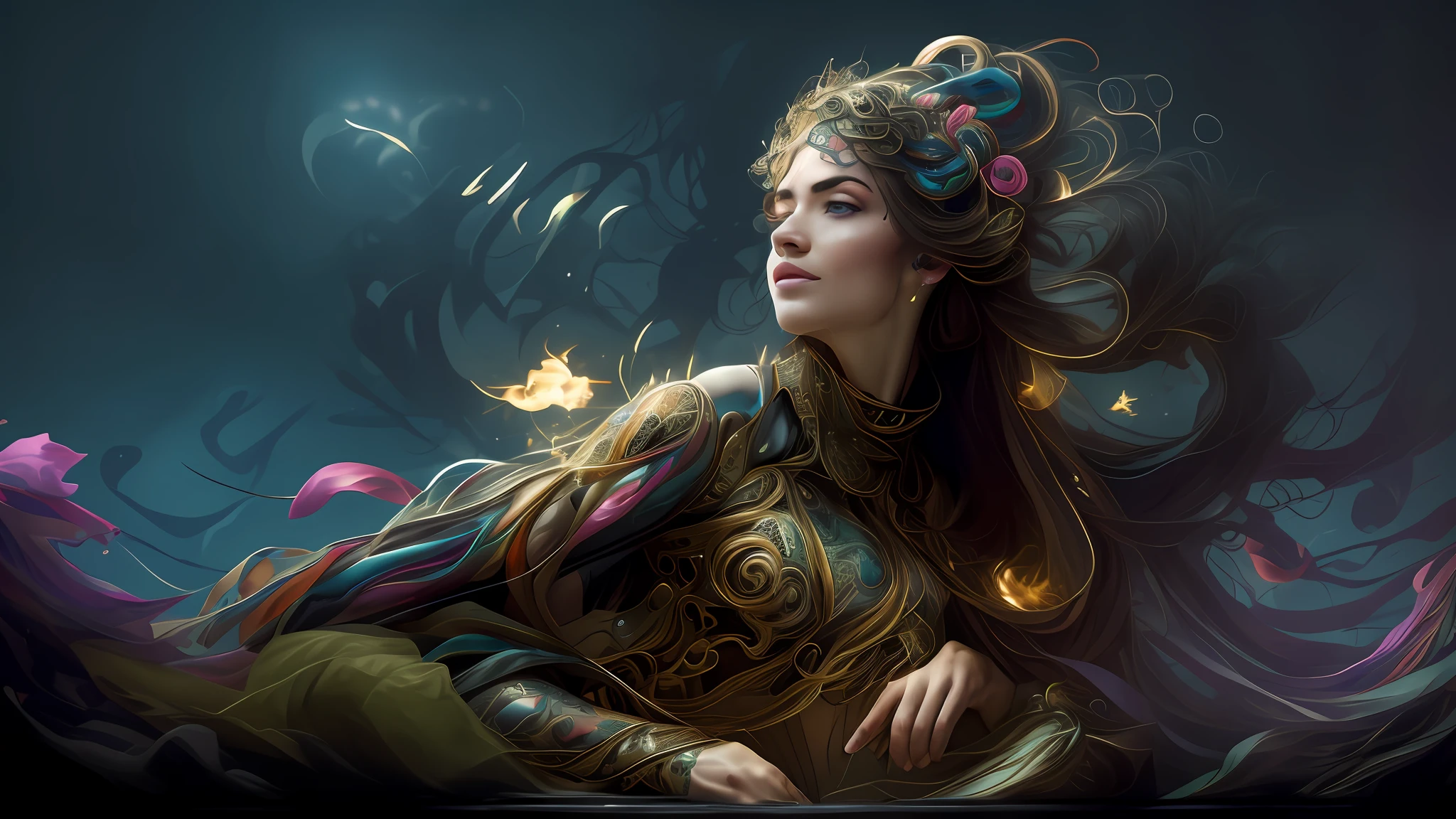 (style of richard deacon), formal wear  android,1girl,a  beautiful girl in a colourful dress with colourful intricate tattoos surrounded by colourful patterns,(Luminous burning hair:1.2),  realistic fantasy, extremely detailed and beautiful , 8 k resolution,