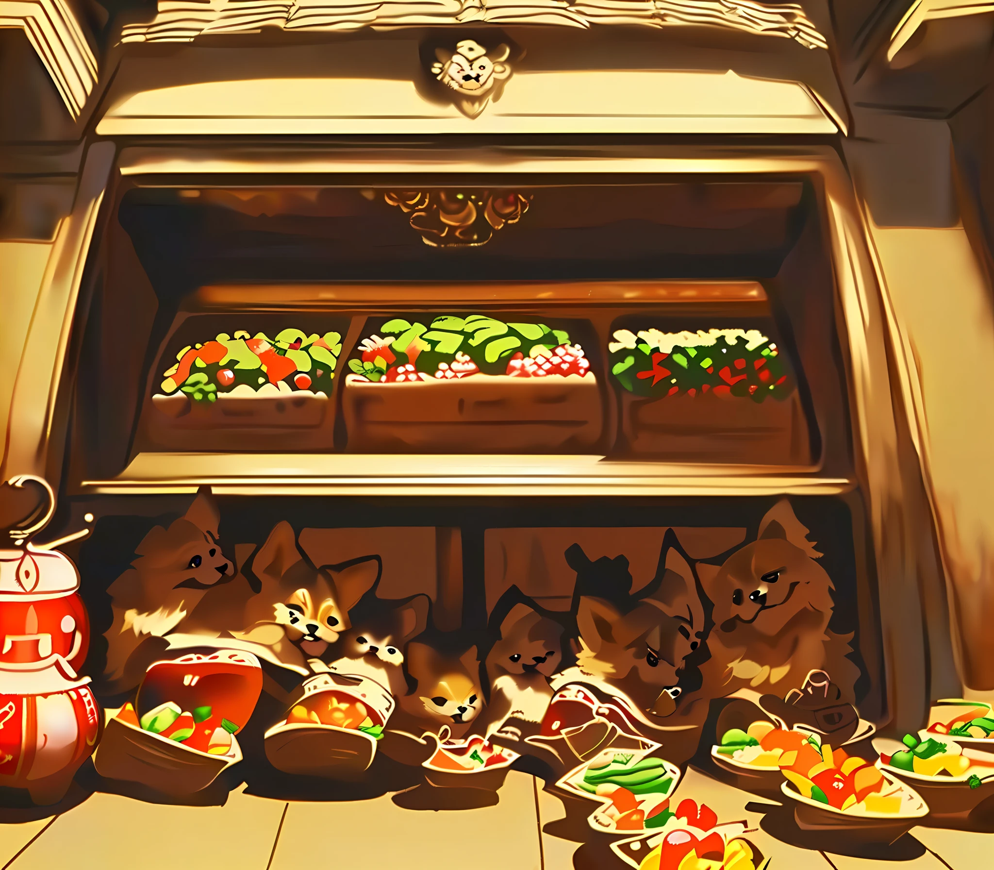 Dachshund and pomeranian are looking for food