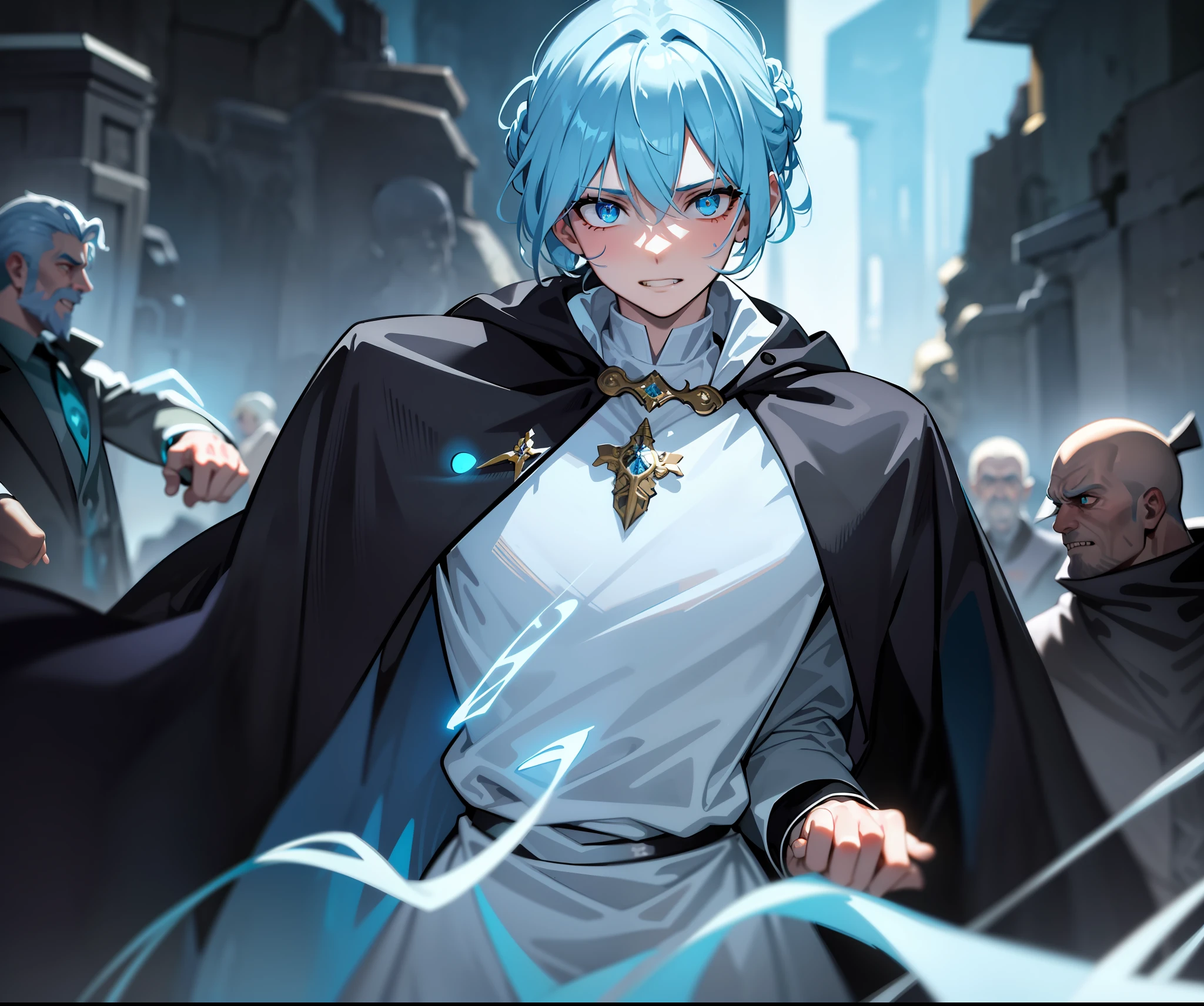 ((masterpiece)), (best quality), (detailed), (1boy), light blue gradient hair, light blue glowing eyes, Updo, gritted teeth, blood in the mouth, wearing period costume, wide shot, cliff side, behind a group of ancient men in black