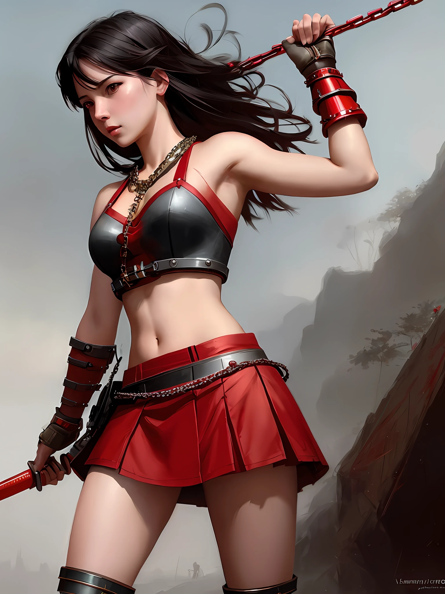 stunningly beautiful photo realistic cute warrior in skirt , using red chains, with red arms, Atey Ghailan, by Jeremy Mann, Greg Manchess, Antonio Moro, trending on ArtStation, trending on CGSociety, Intricate, High Detail, Sharp focus, dramatic, photorealistic painting art by midjourney and greg rutkowski