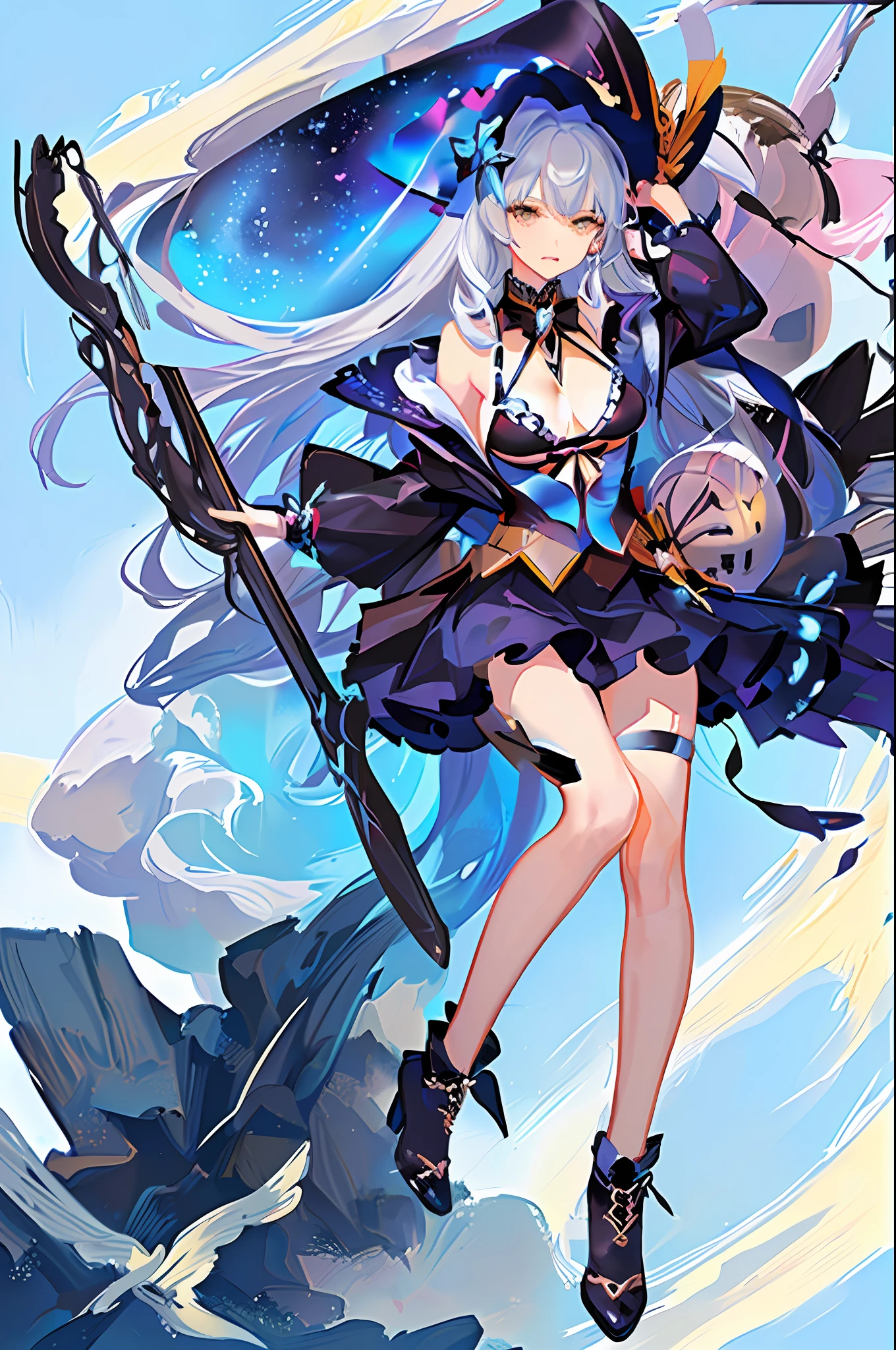 COLORFUL BUTTERFLY, MAIDEN, BIKINI, UPPER BODY, WITCH HAT, (DETAILED FACE SHAPE: 1.2), (MIDDLE CHEST), (CLEAVAGE), (THIGH BAND), LONG HAIR, ASYMMETRICAL BANGS, TAROT FRAME, PORTRAIT CENTERED, (NO WEAPON), (BOUNCING BREASTS), KAFUKA