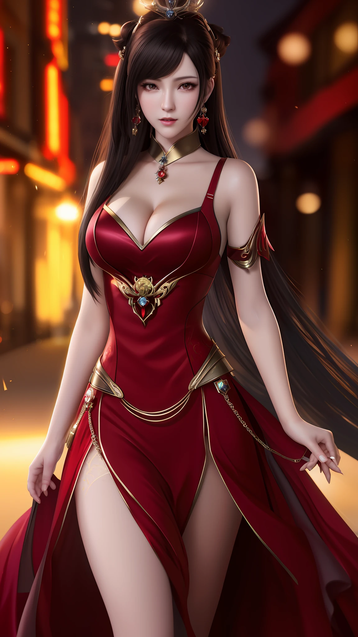 a close up of a woman in a red dress with long hair, beautiful alluring anime woman, a beautiful fantasy empress, inspired by Du Qiong, seductive tifa lockhart portrait, ((a beautiful fantasy empress)), building in background, on the street,, beautiful anime woman, beautiful avatar pictures, lady in red armor, (lingerie:1.2), photo realistic, upon_body, tyndall effect, photorealistic, dark studio, rim lighting, two tone lighting, (high detailed skin:1.2), 8k uhd, dslr, soft lighting, high quality, volumetric lighting, candid, Photograph, high resolution, 4k, 8k, Bokeh,