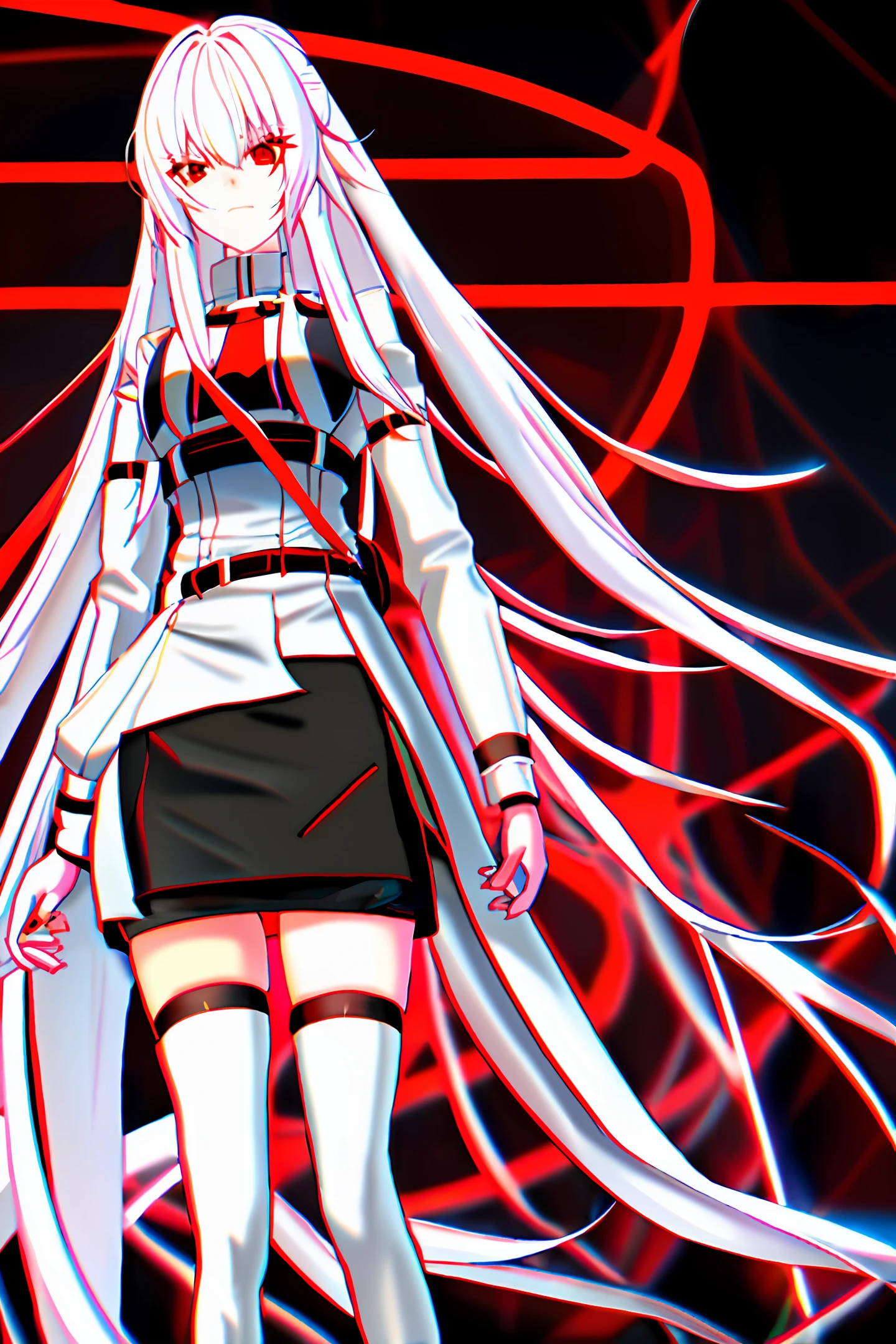 Long white hair, red eyes, black tight stockings, short skirt, leg loops, tight white shirt