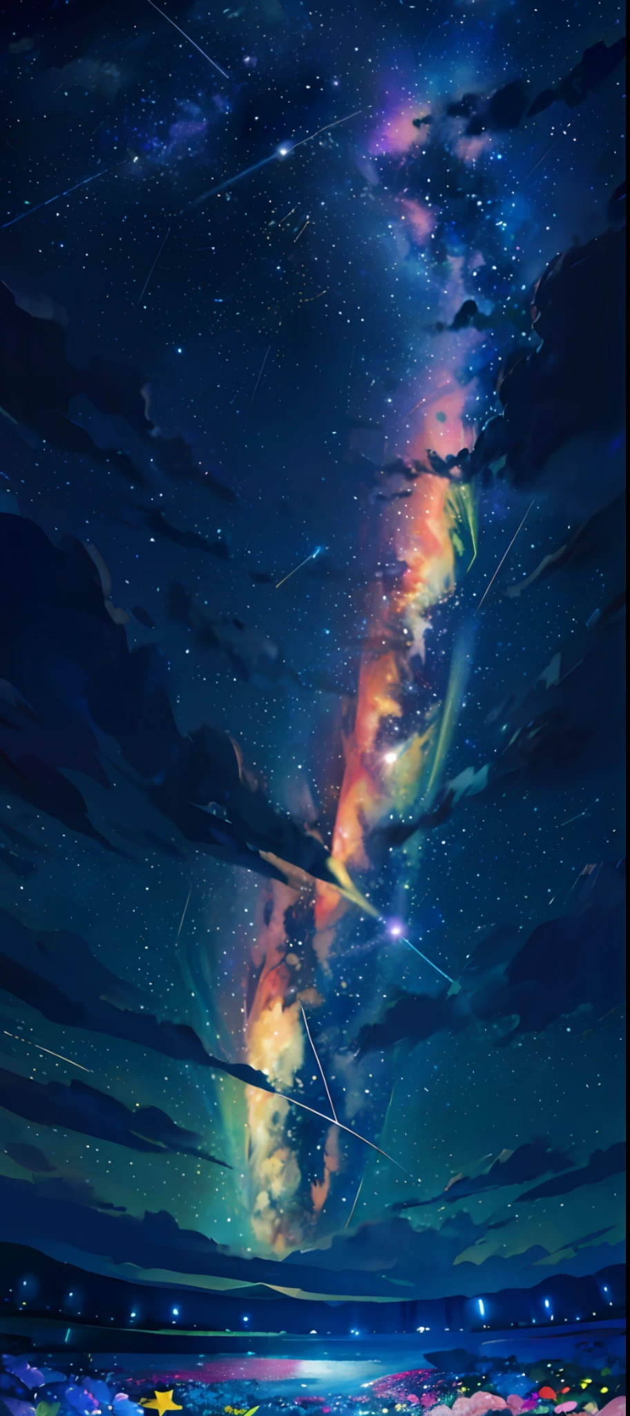 (Zoom out:1.1), (Meteor shower:1.2), (Comet:1.1), Low angle, Aroura Borealis, Shooting stars, Top quality, Masterpiece, Clouds, Colorful, Starry sky, Stars, Night, Flower Garden, Flower Flower, Night Sky, Beautiful Flowers, Night Themes,(Masterpiece:1.4),Ultra Details