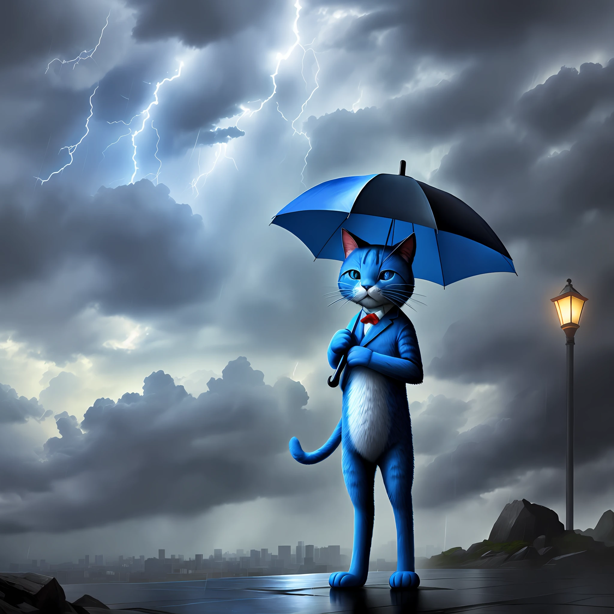 There is a blue cat with an umbrella and a thunderstorm