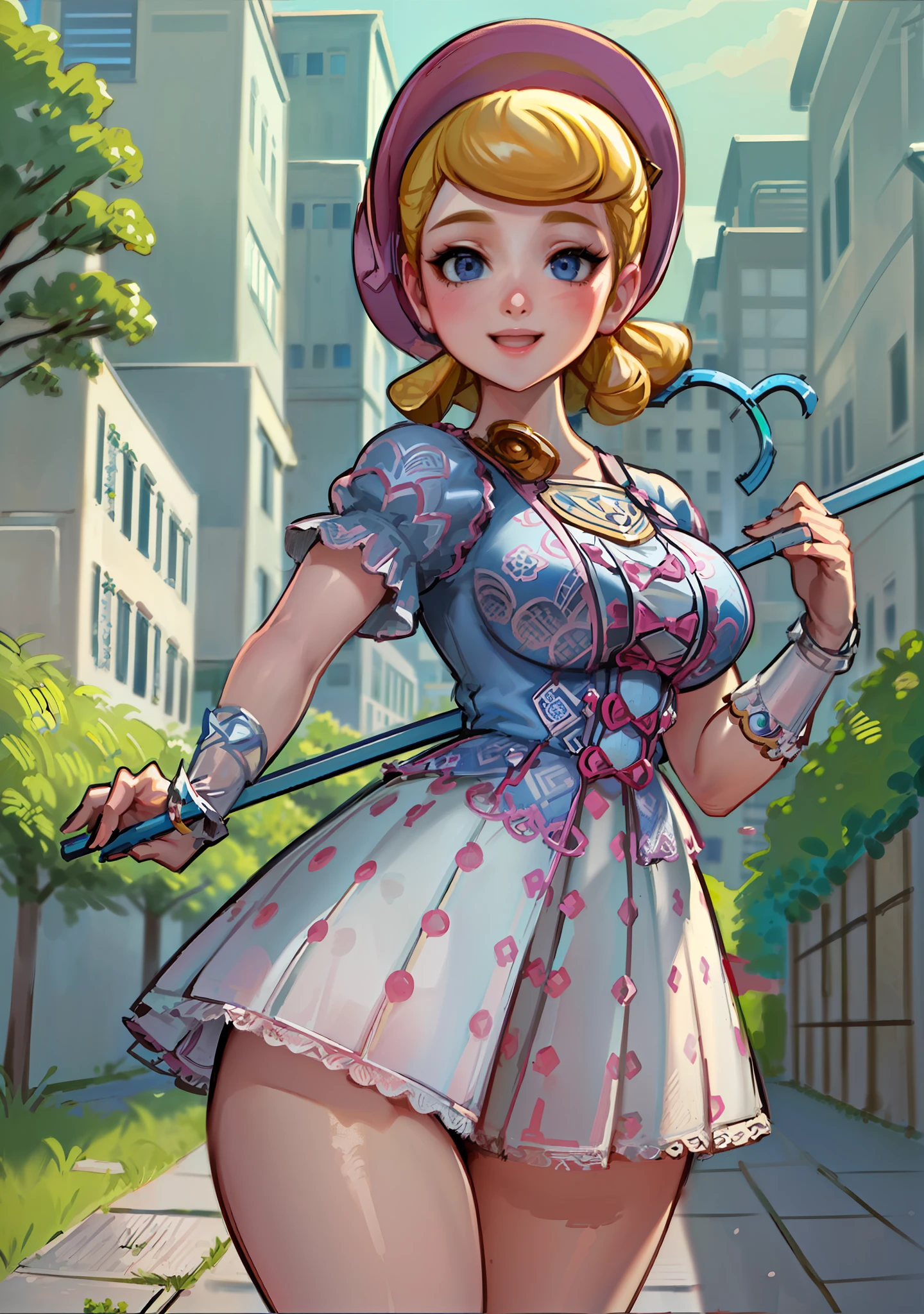 (BoPeepWaifu:1), smile, cute, cute pose, looking at viewer, thick thighs, :D, (dress, puffy short sleeves, pink headwear:1.2),
(realistic:1.2), (realism), (masterpiece:1.2), (best quality), (ultra detailed), (8k, 4k, intricate),(full-body-shot:1),(Cowboy-shot:1.2), (85mm),light particles, lighting, (highly detailed:1.2),(detailed face:1.2), (gradients), sfw, colorful,(detailed eyes:1.2),
(detailed ladscape, urban, garden, city, plants, buildings:1.2),(detailed background),detailed landscape, (dynamic angle:1.2), (dynamic pose:1.2), (rule of third_composition:1.3), (Line of action:1.2), wide shot, daylight, solo,