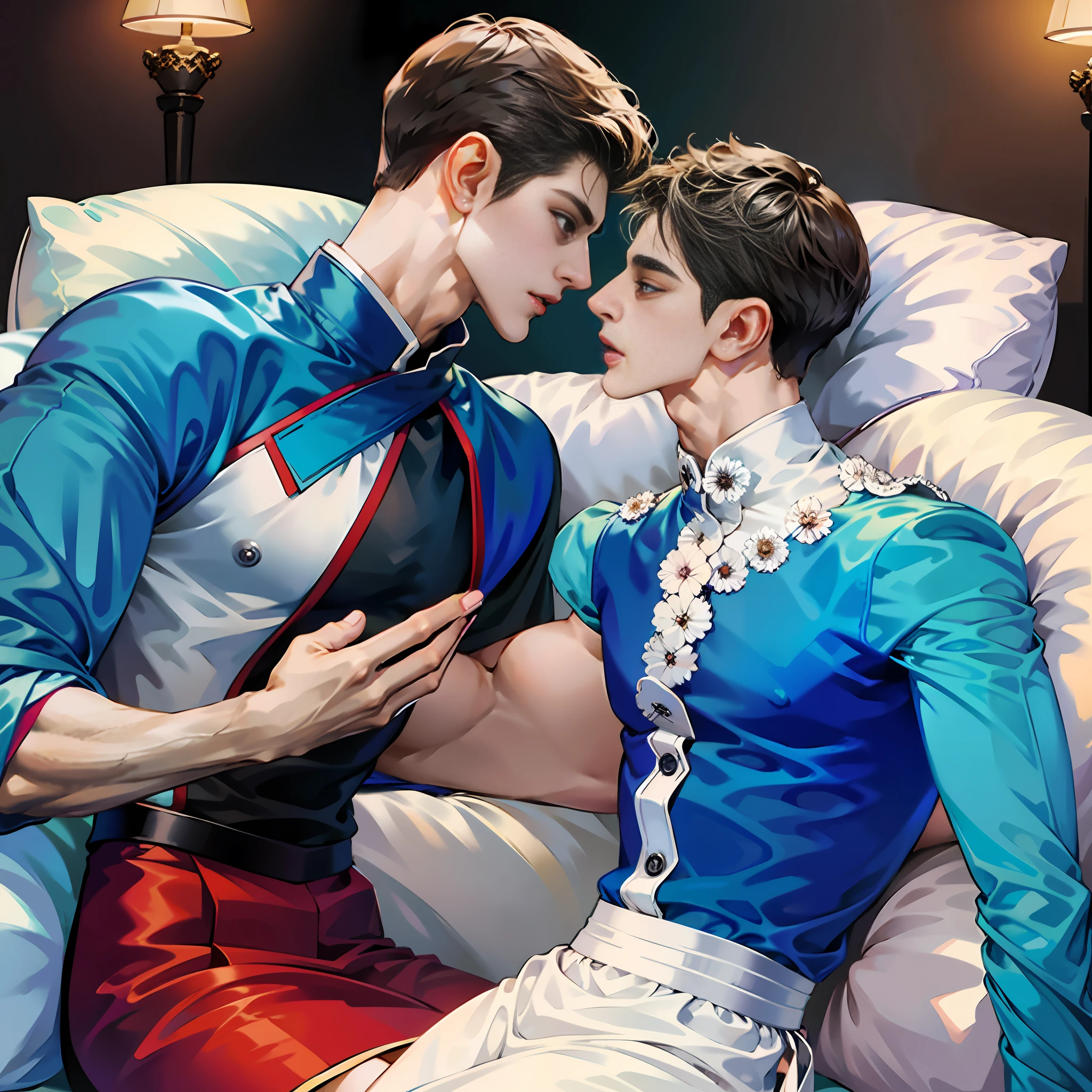 Two boys face to face tongue kiss, gay men, the whole body faces each other with close muscles, the pectoral muscles are swollen and collided, the abs are large and connected, the thigh muscles are connected, the dress is cool, one of the boys' genitals is inserted into the genitals of the other boy in the seventh, entangled,