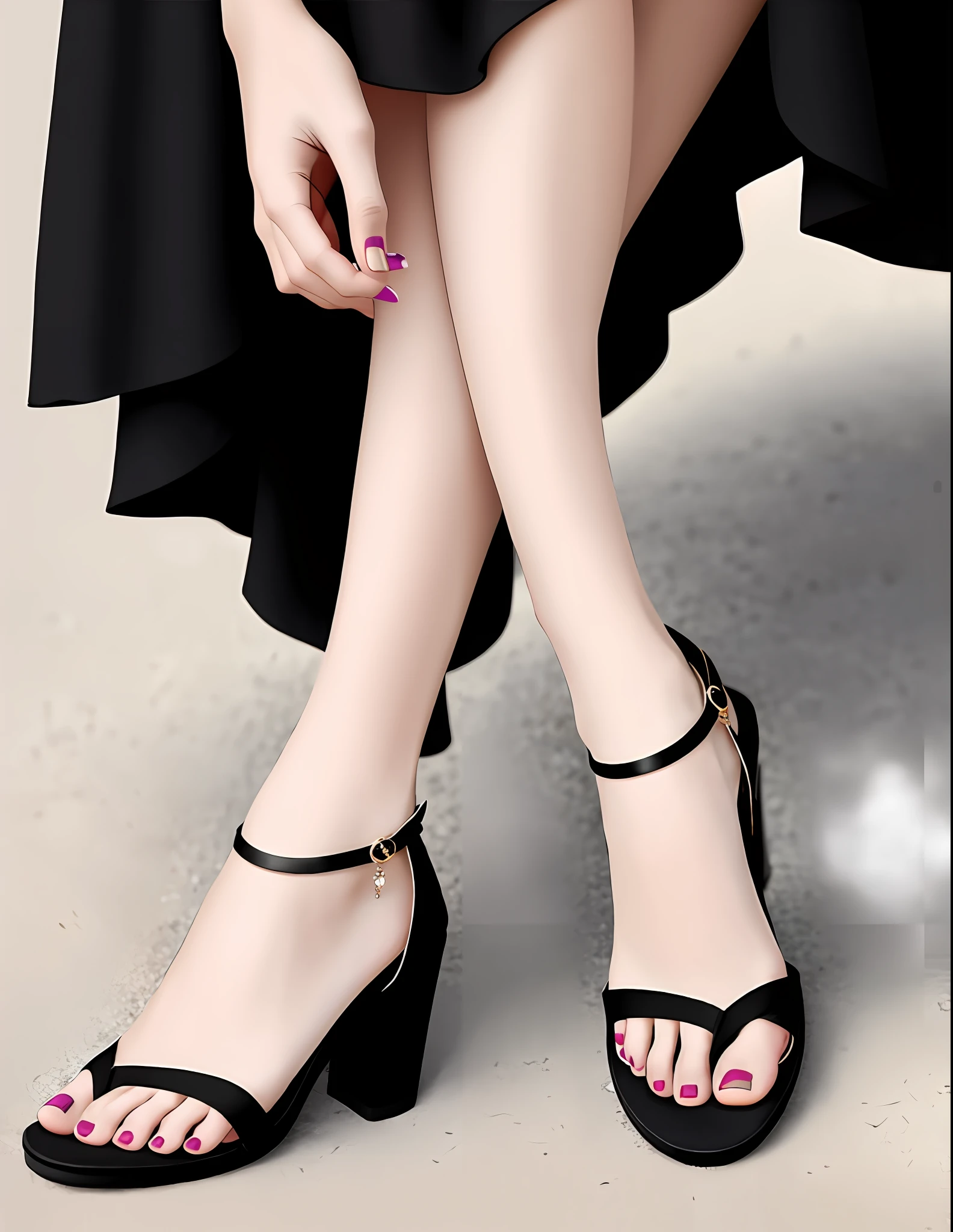 Close up, right foot of a woman in black sandals, pale skin, delicate details, five delicate toes, minimalist background, beautiful digital artwork, realistic effect, high texture