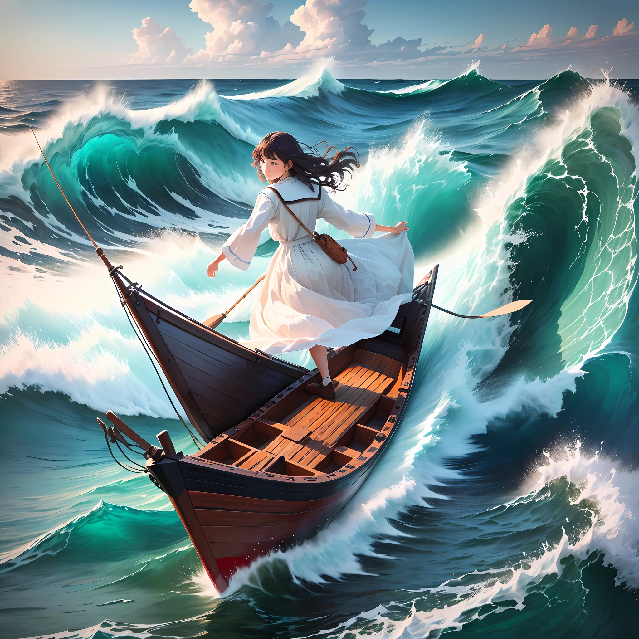 The sea, the waves on the sea are very large, a small wooden boat driven by a girl alone bravely moves forward in the rapids, super detailed, real scene,