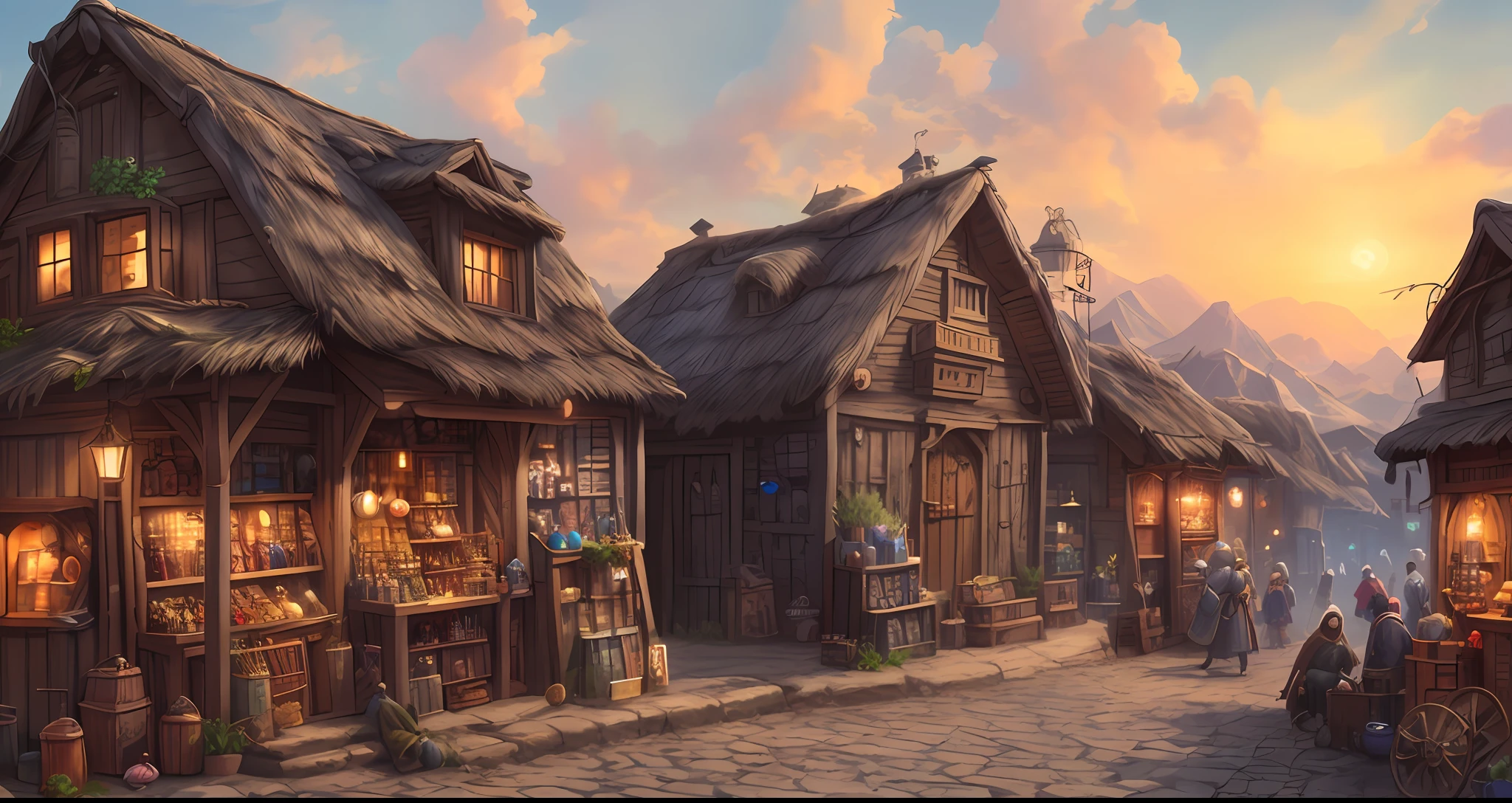 sky,fantasy,artstation,hyper realistic,day,summer,market,medieval,items shops,weapon shops,trader, merchants,8K,Dungeon and Dragons, fantasy, market,