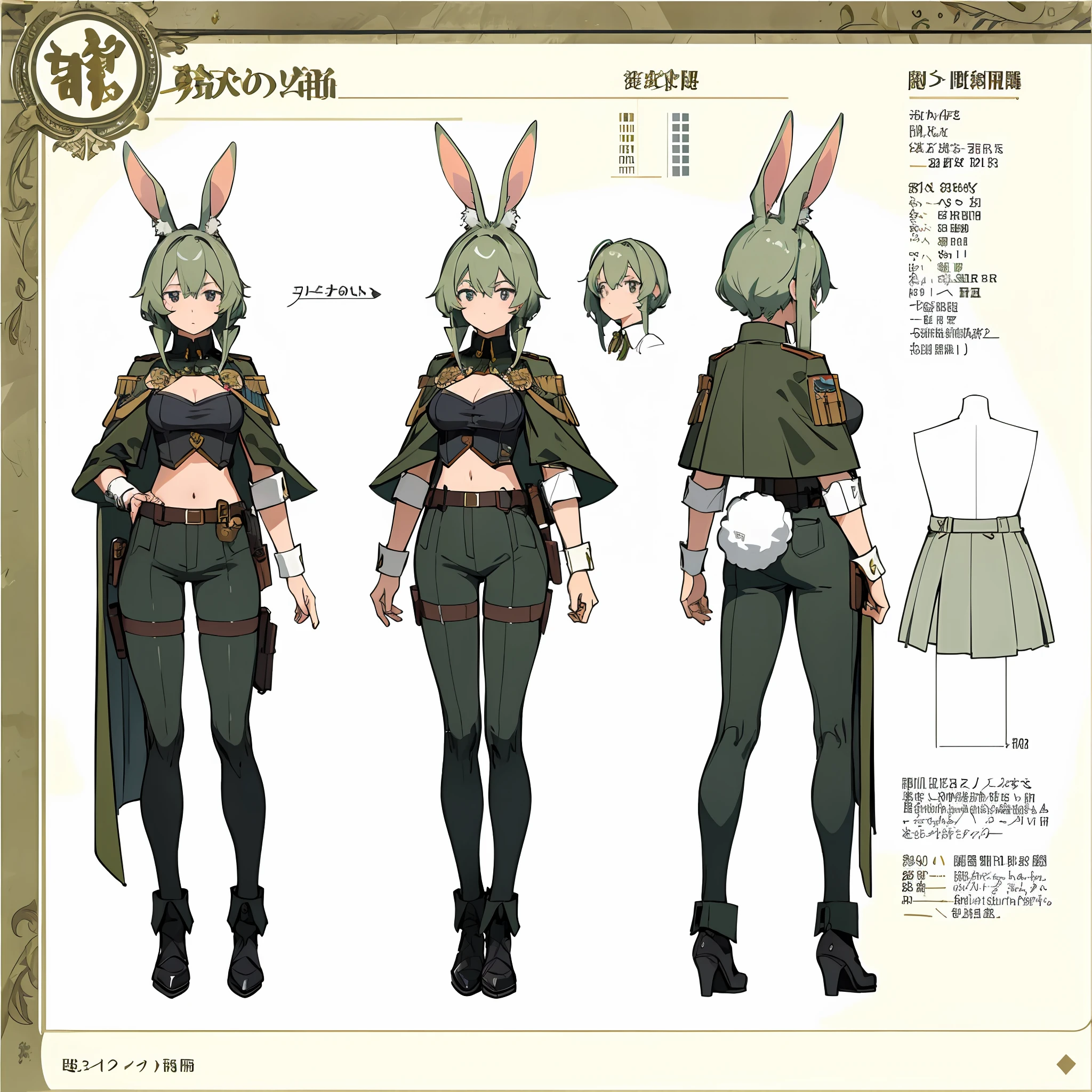 (masterpiece, best quality) detailed, character sheet, rabbit ears, ??????????????, emotionless, military fatigues, reference, cape, ????, midriff