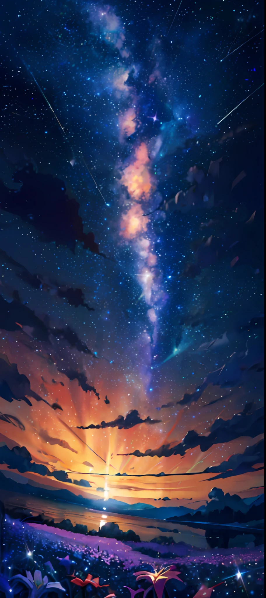 (zoomed out:1.1), (meteor shower:1.2), (comet:1.1), low angle, aroura borealis, shooting star, best quality, masterpiece, cloud, colorful, starry, stars, night, flower field, flower blossom, night sky, beautiful flowers, night theme,