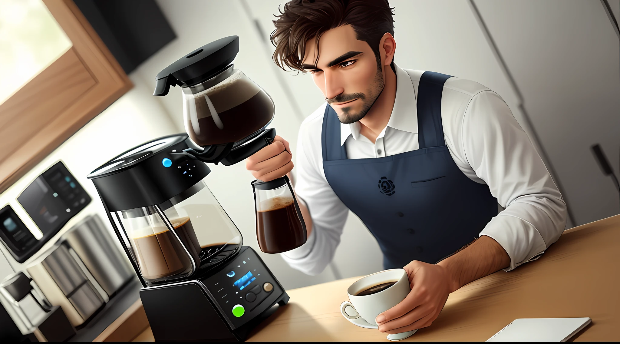 A man, coffee maker, catches coffee with a cup