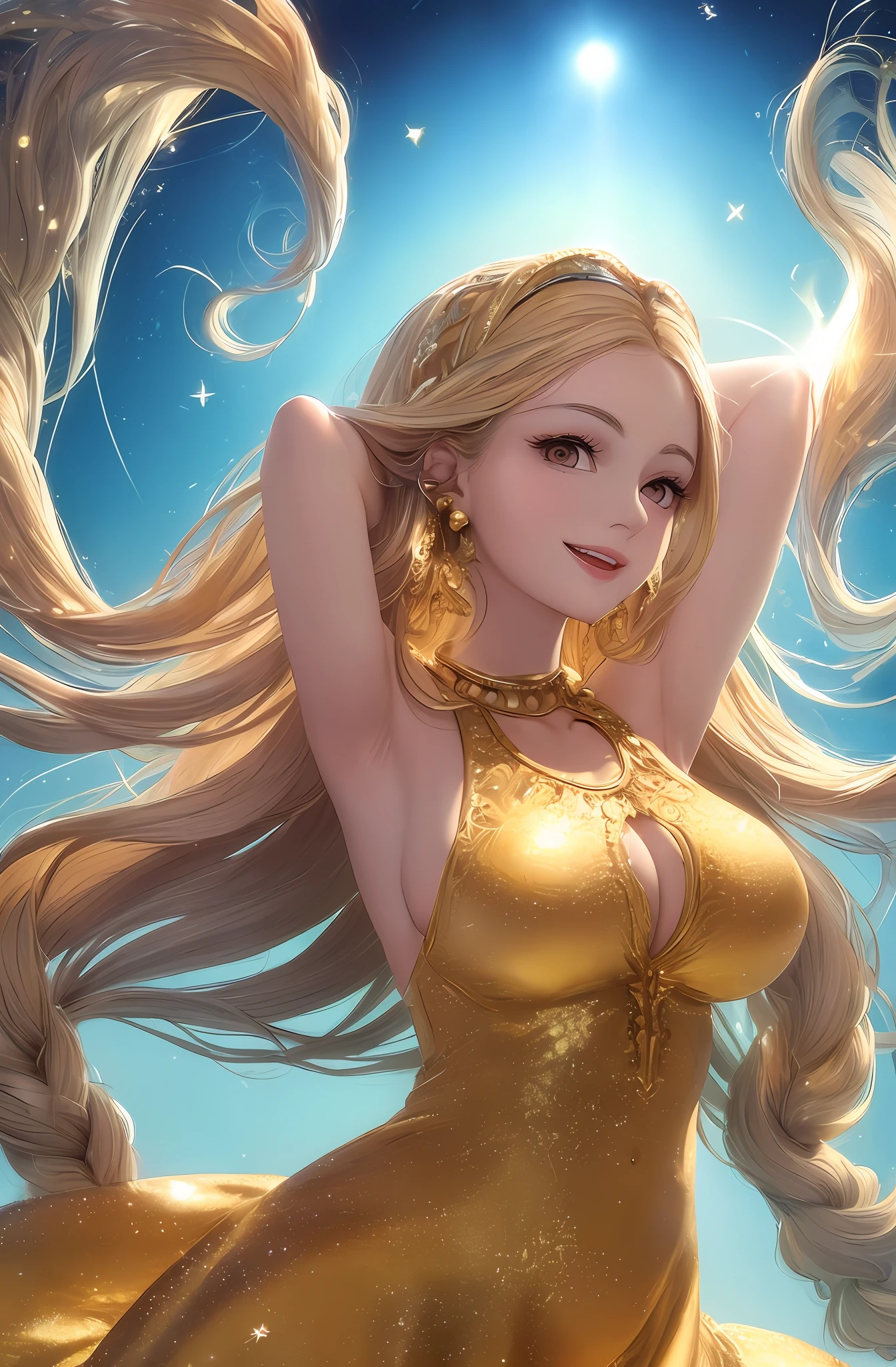 Excellent, masterpiece, upper body, (adult: 1.6) Hungarian woman, (giggle: 0.4), arms behind her head, golden braids, sparkling eyes, Victorian sun dress, floating particles of light, centered, big breasts