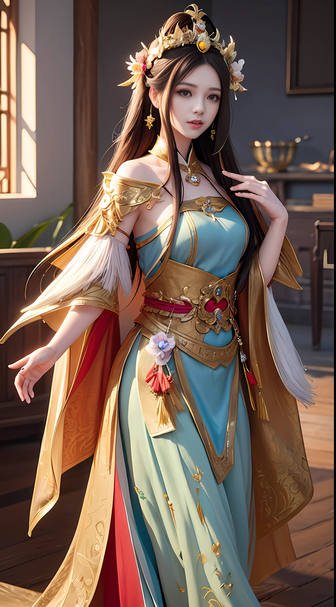 a woman with long hair and a crown on her head, an ultrafine detailed painting by Yang J, Artstation contest winner, fantasy art, digital fantasy art ), ross tran 8 k, cgsociety and fenghua zhong, trending digital fantasy art, chengwei pan on artstation, detailed fantasy digital art, detailed digital 2d fantasy art, beautiful character painting
