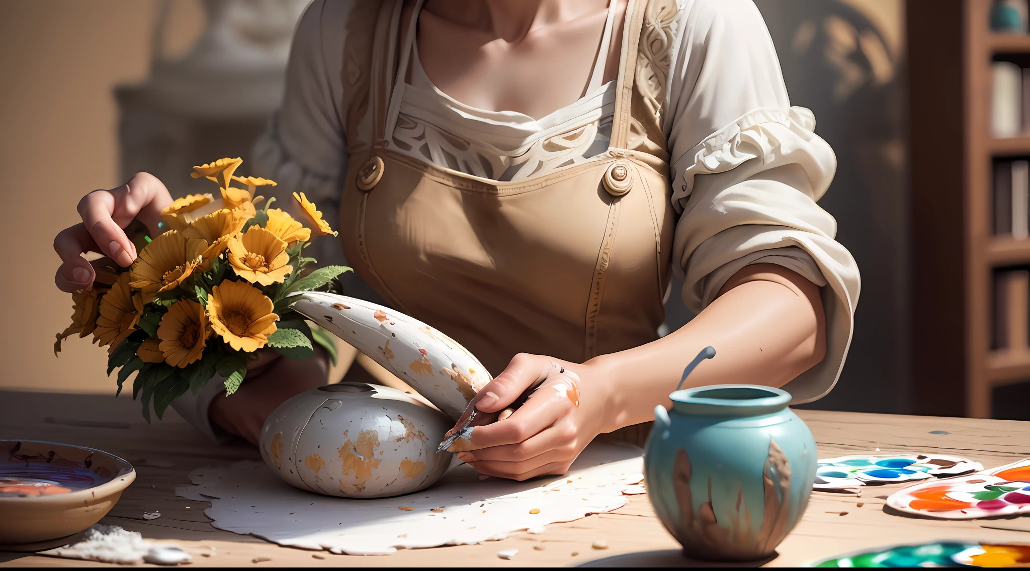 masterpiece, best quality, ultra-detailed, an extremely delicate and beautiful),people working with clay and art activities (painting/sculpture), warm colors, natural lighting, close-up shots, texture details. (Spanish: Escenas de personas trabajando con barro o realizando actividades artísticas, como pintura o escultura.)