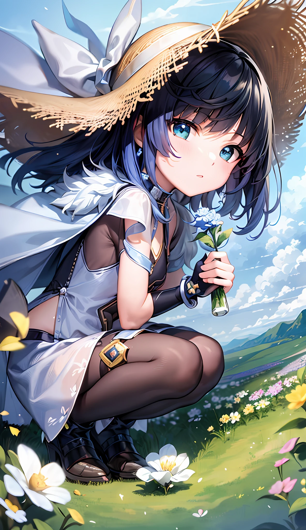 (Masterpiece, best quality), ultra-detailed 4K anime illustration, girls walking on the prairie, blue sky and white clouds, small flowers with soft light embellishments, macro perspective, delicate face, highlight facial details, weight 1.5.