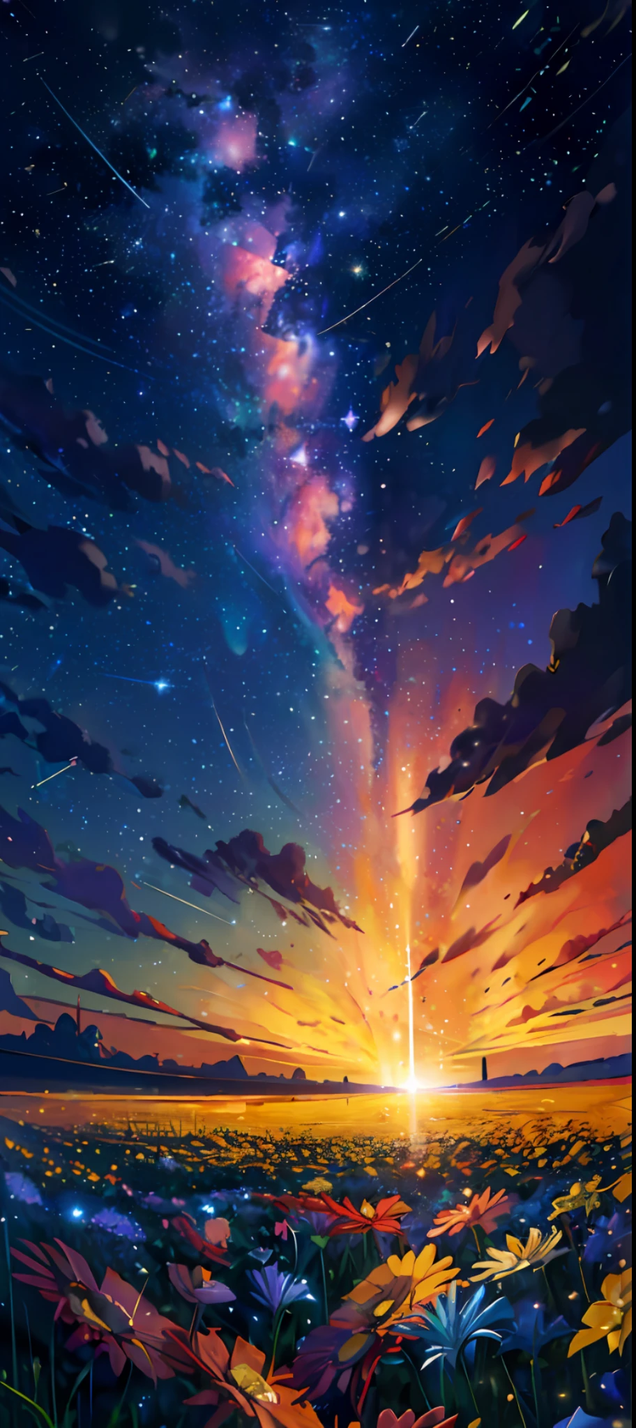 (zoomed out:1.1), (meteor shower:1.2), (comet:1.1), low angle, aroura borealis, shooting star, best quality, masterpiece, cloud, colorful, starry, stars, night, flower field, flower blossom, night sky, beautiful flowers, night theme,