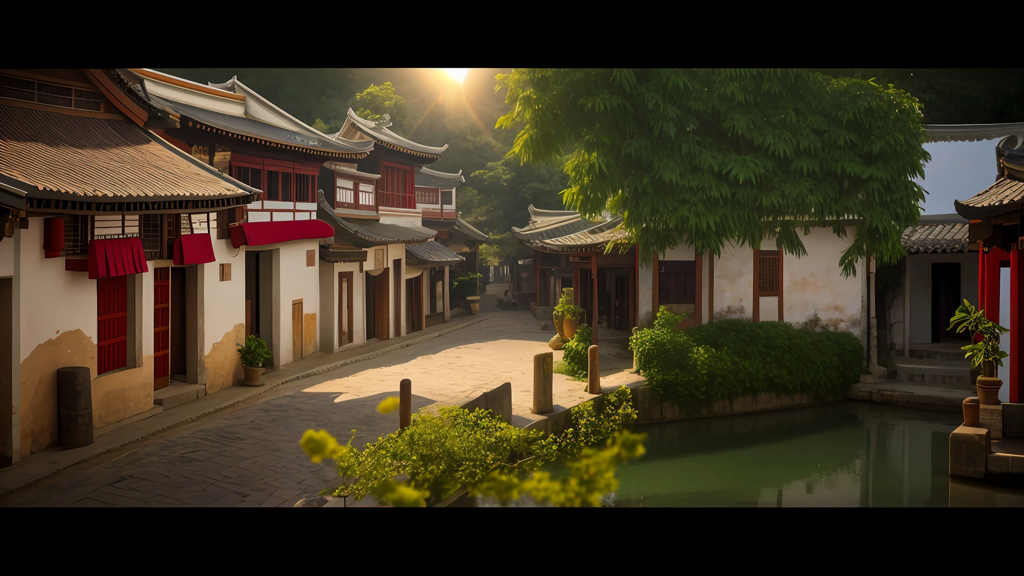 Ancient town, quiet, soft afternoon sun, oriental style, red walls, Hanfu girl holding a paper umbrella, many koi in the water