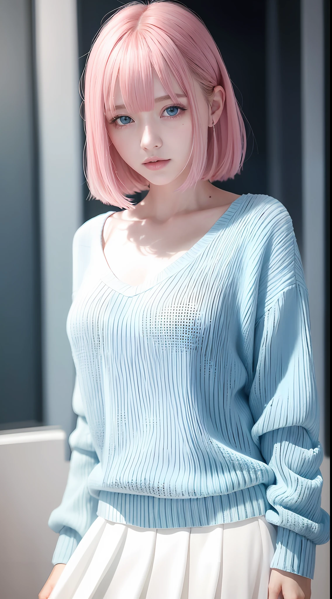 Masterpiece, best quality, 8k, photo, realistic, 1girl, 17yo, (white short sweater, black skirt), (detailed natural breasts), (full body), (sexy pose), soft lips, pale skin, ( pink hair), (detailed eyes: 1.3), (novafrogStyle: 1.2), depth of field, blushing, shy, (smile: 1.1), blue eyes, (random color bars), bangs, ulzzang-6500-v1.1,  HDR