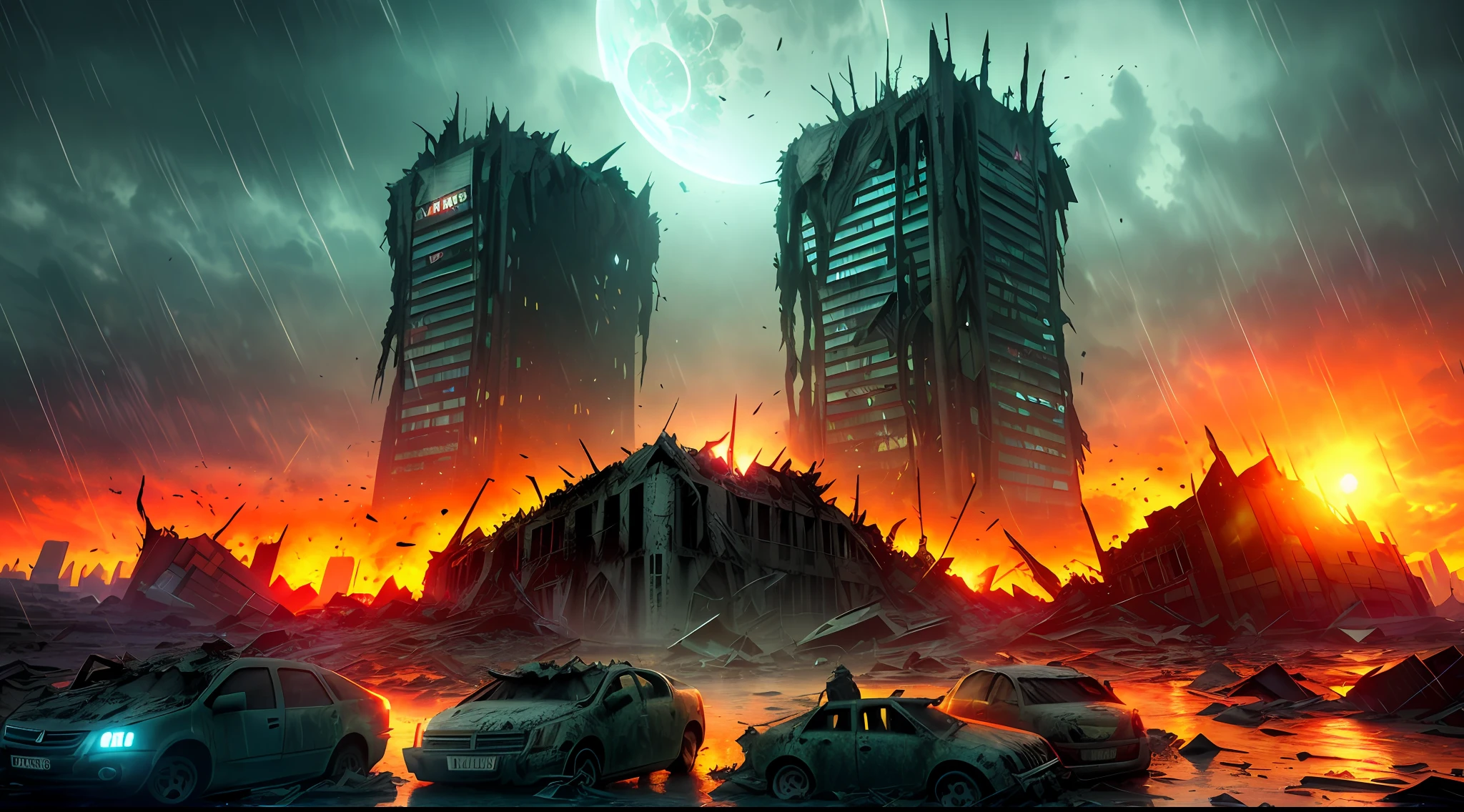 End of the World, realistic epic, ((full HD)), ((8k)), ((Mute colors)), Apocalypse, abandoned, neutral colors, night, refractions of screen space, (intricate details), ((intricate details, hyperdetailed)), artstation, cinematic footage, vignette, complex background, [[teal and orange]], technicolor, building turned, all buildings are destroyed, image passes a feeling of fear and death, cars destroyed, city destroyed, raining