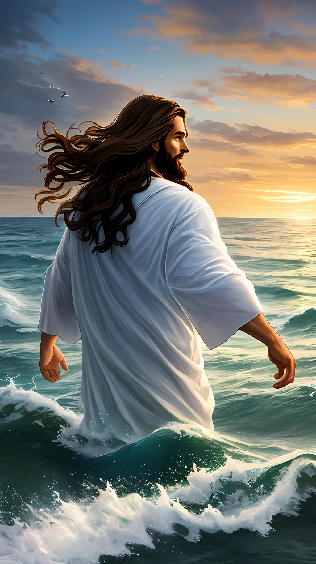 (detailed description) (better quality) Create an image of Jesus coming out of the sea