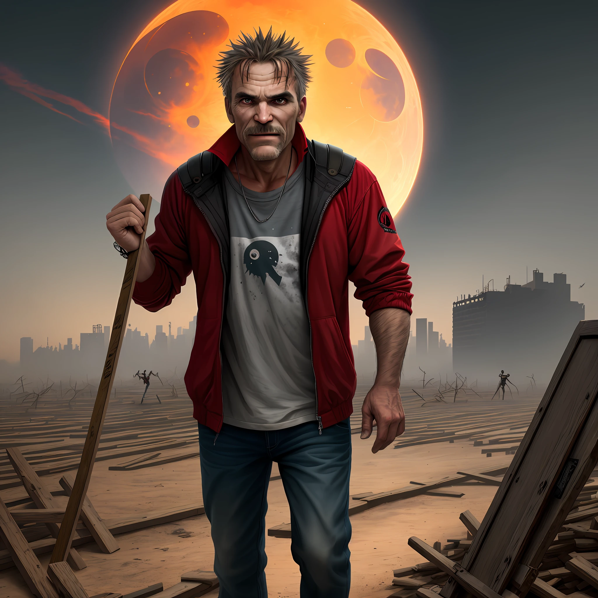 ( best quality) middle-aged man with appearance of old clothes and crazy face holding a board full of nails, apocalyptic scenery sky with eclipse red