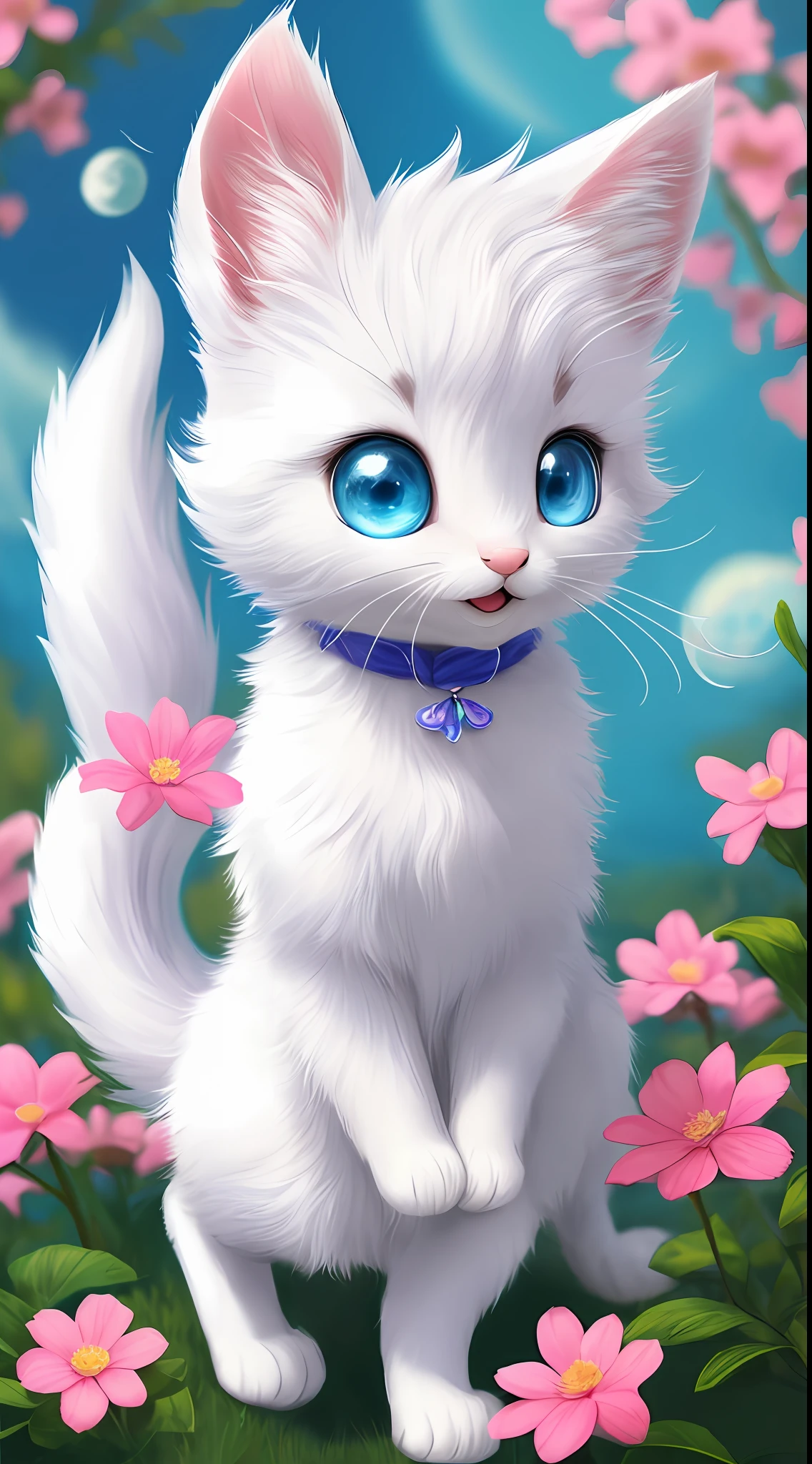 A kitten with a tiny tail, a small nose, small ears, blue eyes, pink background, flowers, vases, dreams, open mouth, smile, Caroline Chariot-Dayez pastels, tumblr, furry art, elokitty, Disney's Bambi cat, Disney's stylized furry, ears floating, fluffy tail, fluffy '', fluffy !!!, high resolution, furry art!!! The moon, small in size