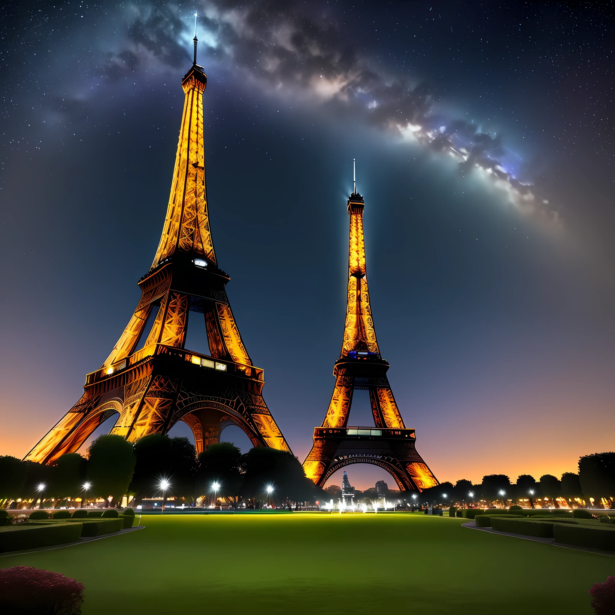 Look at the starry sky on the lawn under the Eiffel Tower