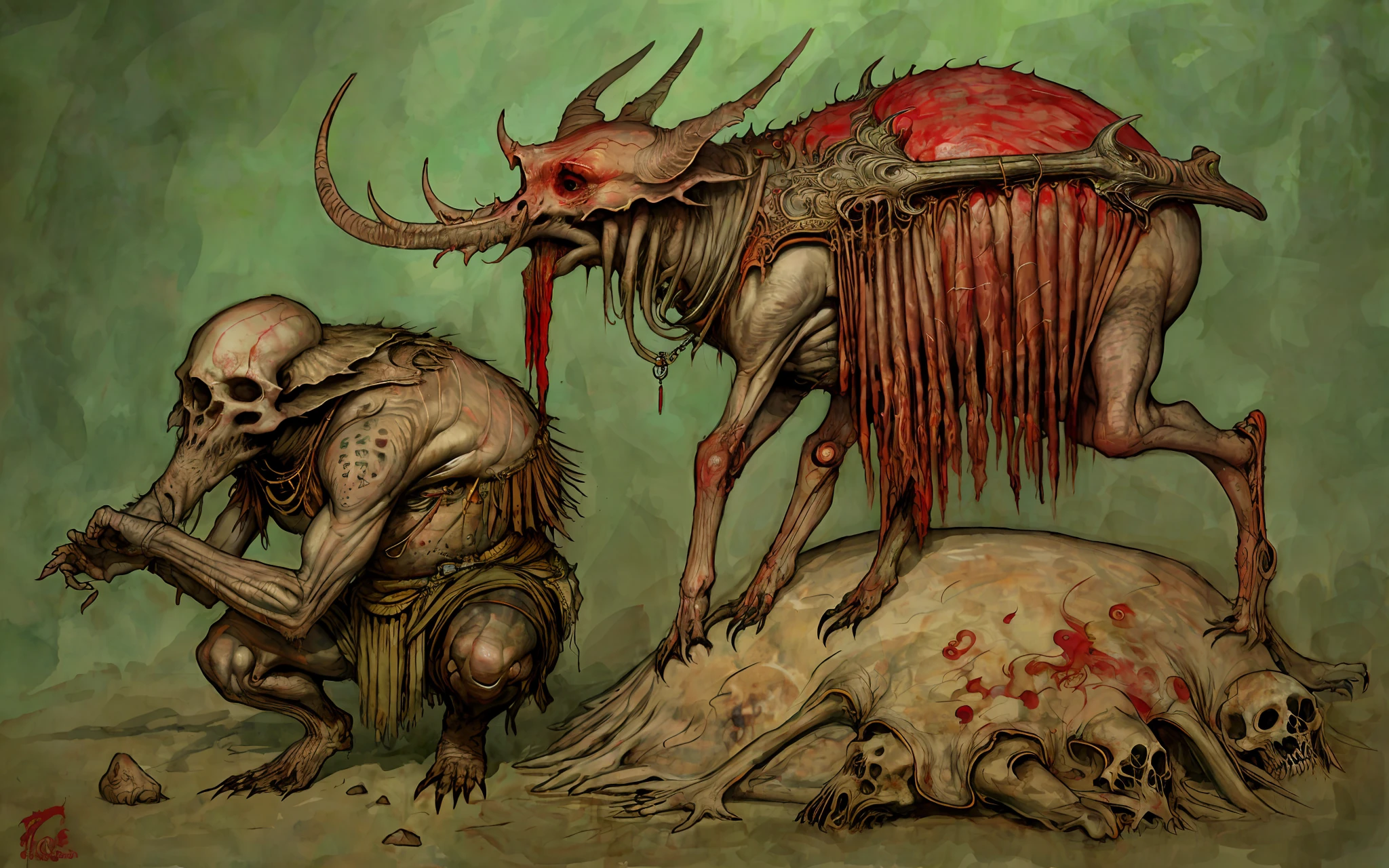 Draw a pig crouched in a pile of skulls, dismembered, blood, corpse, ritual, summoning circle, dynamic pose, cult
Ink and watercolor, detailed, fantasy, pastel colors, disgusting colors (red and green tones)
Arthur Rackham's Art,
Best quality, (Ariel style: 1.0)
masterpiece
Dark, terrifying, creepy, creepy,