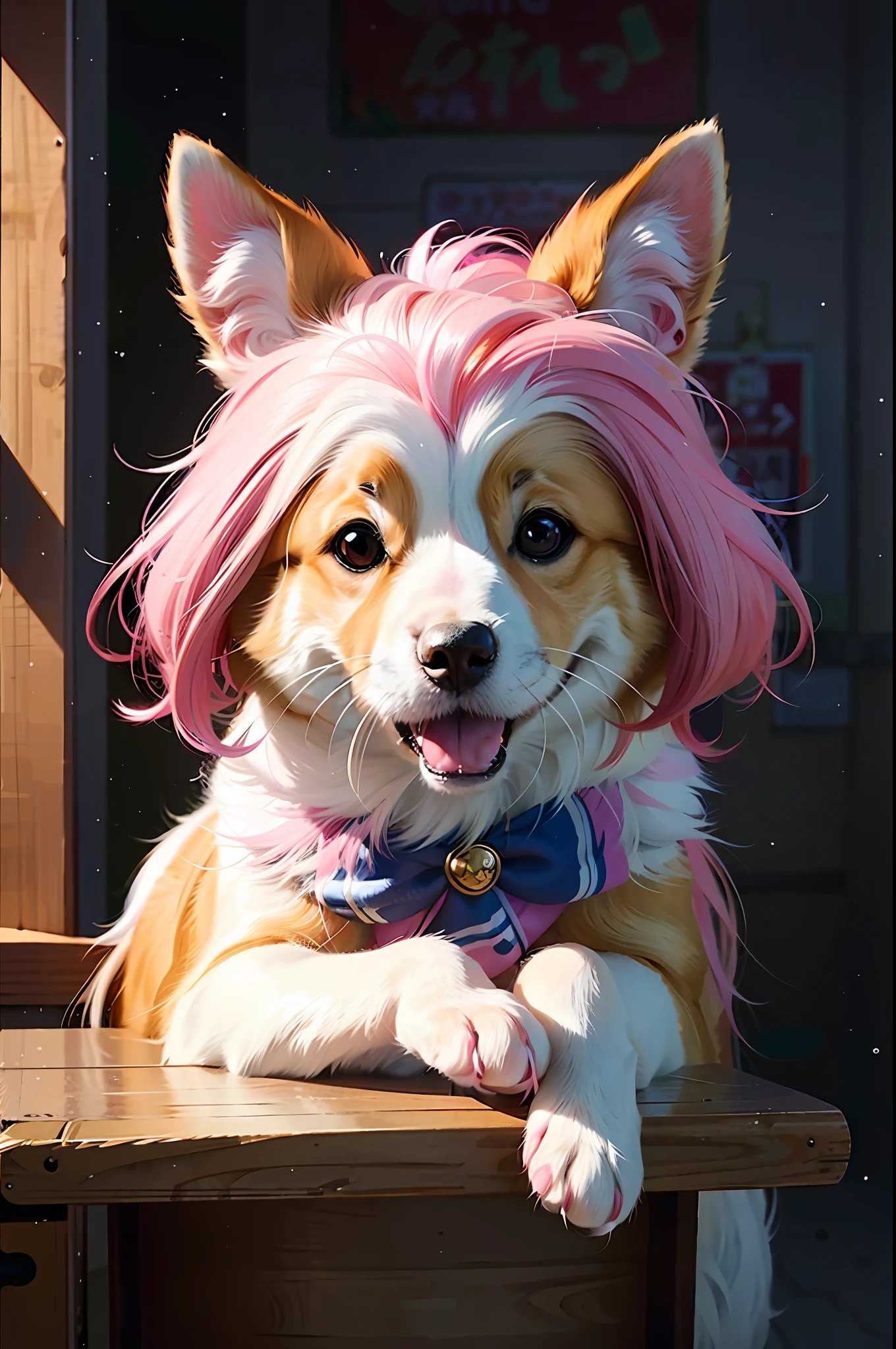 there is a dog with pink hair sitting on a bench, kawaii realistic portrait, adorable digital painting, high quality portrait, cute portrait, cute detailed digital art, furry character portrait, painted in anime painter studio, cute corgi, painting of cute dog, very very beautiful furry art, cute dog, made with anime painter studio, kawaii cute dog, detailed fanart