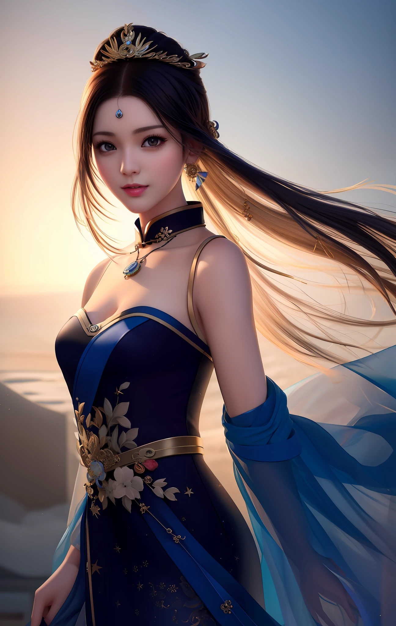 Best Quality, Masterpiece, Hi-Res, One Girl, Cheongsam, Headwear, Necklace, Jewelry, Beautiful Face, upon_body, Tyndall Effect, Photorealistic, Dark Studio, Rim Lighting, Two-Tone Lighting, (High Definition Skin: 1.2), 8k uhd, dslr, soft lighting, high quality, volumetric lighting, candid, photography, high definition, 4k, 8k, bokeh
