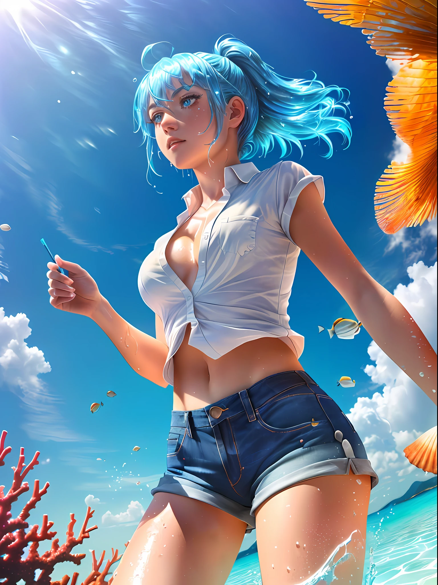 (Masterpiece:1. 4), (best quality:1. 3), (illustration:1. 1), (1girl:1. 3), (beautiful detailed sky:1. 1), ultra detailed, (long hair:1. 2), (beautiful detailed eyes:1. 05), (cinematic light:1. 1), sky blue hair, long hair, messy long hair, ahoge, wet, white shirt unbuttoned, ((sky blue hot pants)), ocean, fishes, coral reefs, [[sunshine]], shells, emotionless, in water, glow blue particles, UHD, HDR, 8K, (Masterpiece:1. 5), (best quality:1. 5)