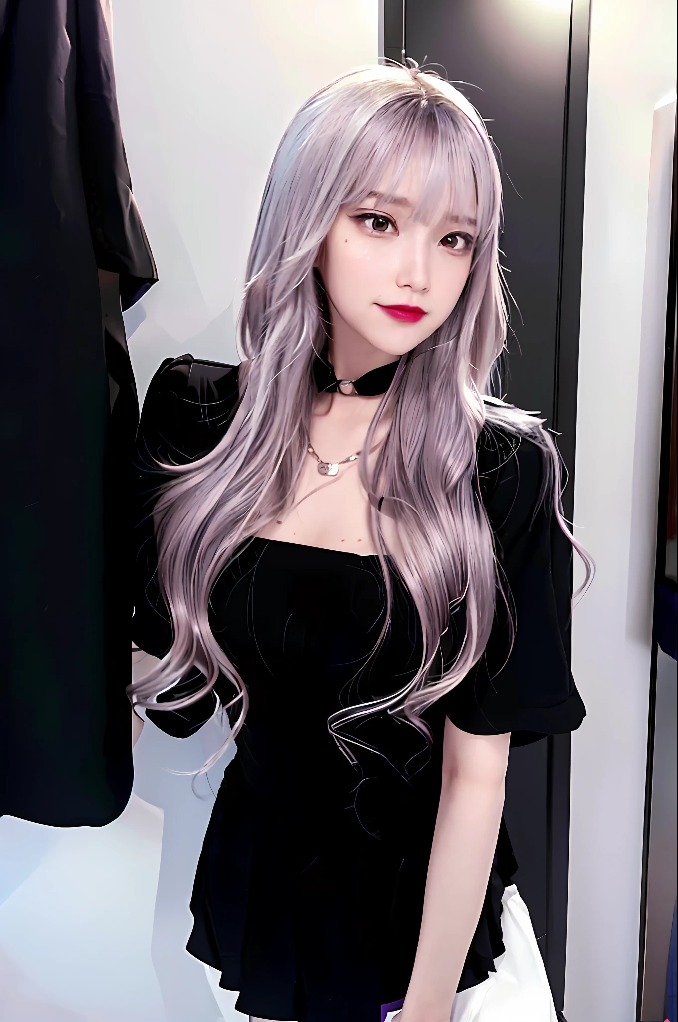 1 girl, schoolgirl, bob, brown hair, beautiful vintage color, Instagram (photorealistic, high resolution: 1.4), staring viewer, staring ((puffy eyes)), full body (8k, RAW photo, highest quality, masterpiece: 1.2), (realistic, photorealistic): 1.37), (sharp focus: 1.2), professional lighting, Photon Mapping, Radiosity, Physically Based Rendering, (White Skin: 1.2), (Small: 1.2), Viewer's Gaze, (Middle Hair: 1.5), Portrait, Purple Eyes, (Silver Hair: 1.1), Bangs, (Simple Background: 1.4), Solo, Upper Body, Realistic, (Masterpiece: 1.4), (Best Quality: 1.4), (Glossy Skin), Fashion Girl, Makeup, Smile (Skinny, Mouth Closed, Shy: 1.3), (Standing figure, black stewardess uniform, Necromancer: 1.1), medium bust, sexy pose,