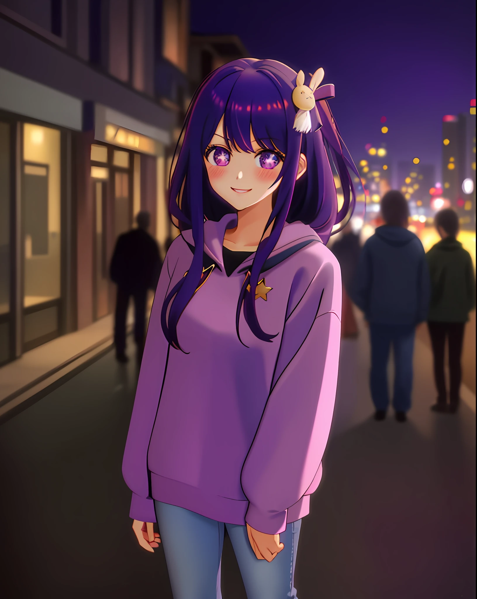 (masterpiece), (best quality:1.2), detailed, Hoshino Ai, 1girl, (solo), (purple hair:1.2), hair down, (purple eyes), star-shaped pupils, (smile:1.2), (blush:1.1), (standing:1.3), hair ornament, (hooded sweater:1.3), (jeans:1.2), detailed eyes, highres, (streets:1.3), buildings, depth of field, ultra-detailed, high details, (staring at viewer:1.2)
