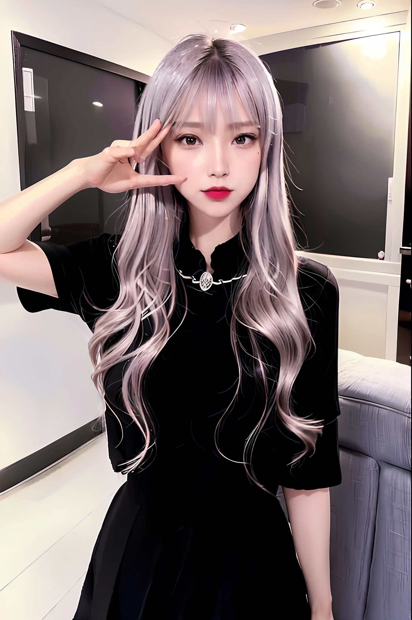 1 girl, schoolgirl, bob, brown hair, beautiful vintage color, Instagram (photorealistic, high resolution: 1.4), staring viewer, staring ((puffy eyes)), full body (8k, RAW photo, highest quality, masterpiece: 1.2), (realistic, photorealistic): 1.37), (sharp focus: 1.2), professional lighting, Photon Mapping, Radiosity, Physically Based Rendering, (White Skin: 1.2), (Small: 1.2), Viewer's Gaze, (Middle Hair: 1.5), Portrait, Purple Eyes, (Silver Hair: 1.1), Bangs, (Simple Background: 1.4), Solo, Upper Body, Realistic, (Masterpiece: 1.4), (Best Quality: 1.4), (Glossy Skin), Fashion Girl, Makeup, Smile (Skinny, Mouth Closed, Shy: 1.3), (Standing figure, black stewardess uniform, Necromancer: 1.1), medium bust, sexy pose,