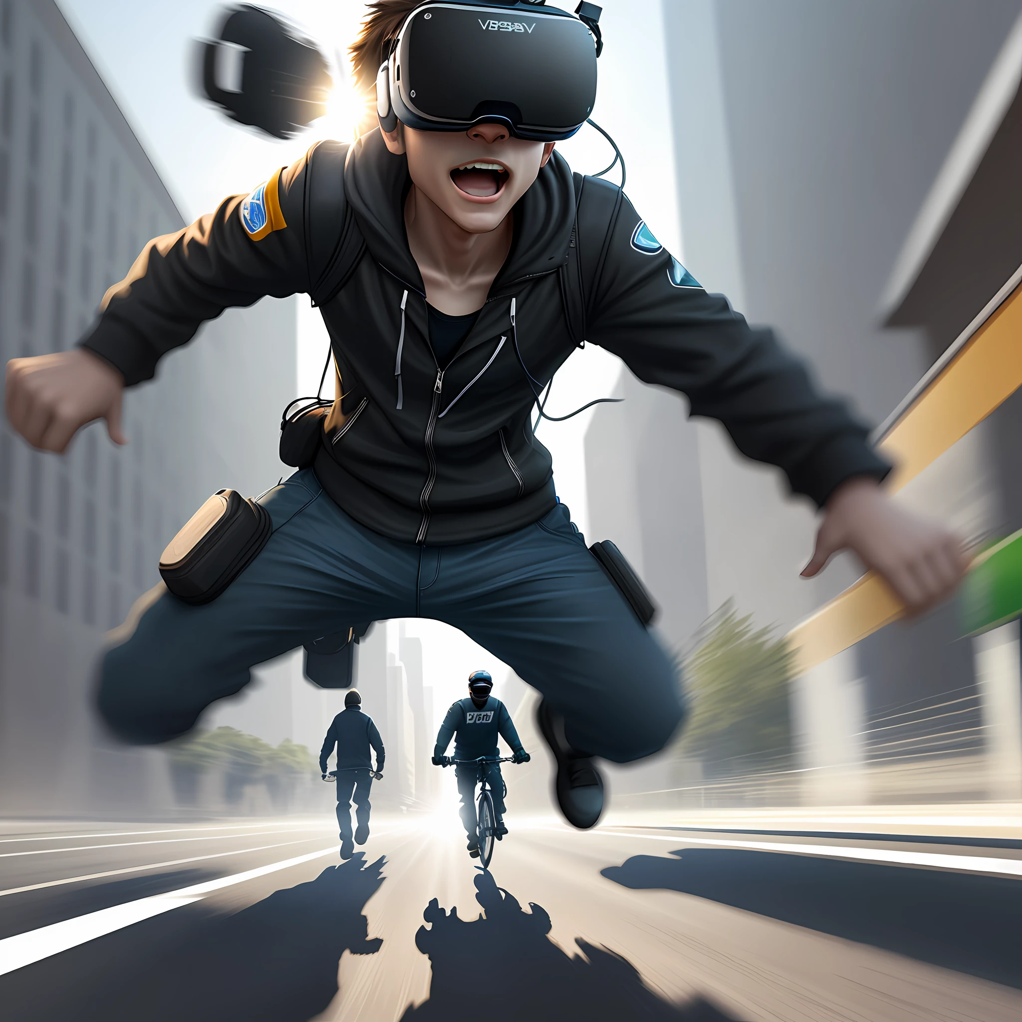 best quality of representation of a very realistic VIRTUAL REALITY, chasing a human being, shadows, close up, 16:9, environment of a virtual reality