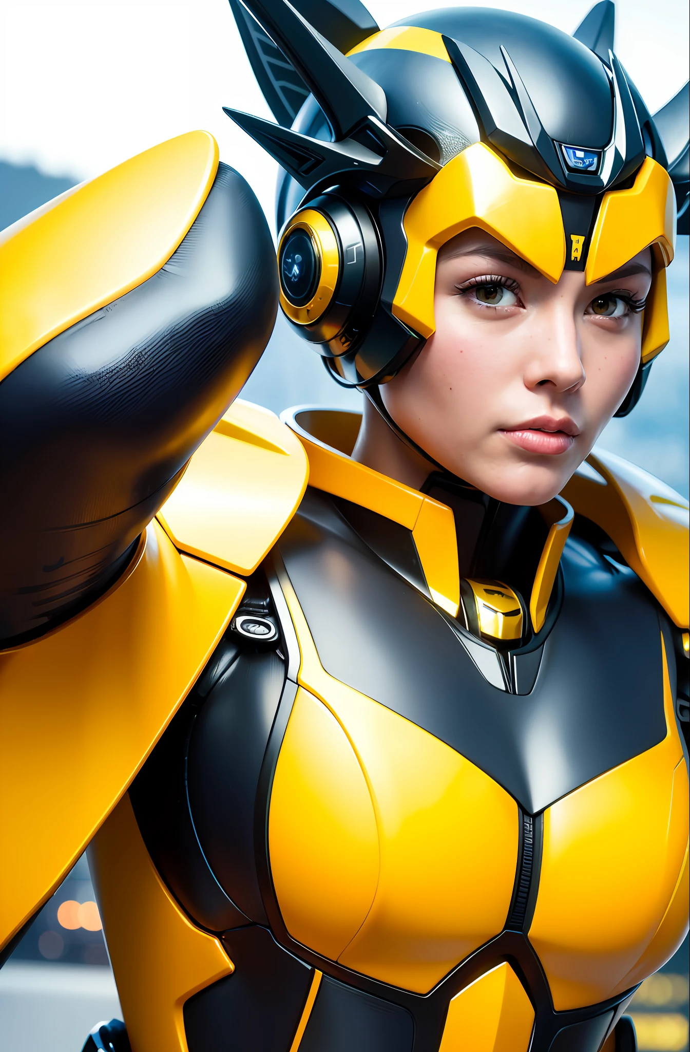 (Top-notch graphics), (Unique mechanical style), (Extremely detailed and realistic CG), (8K wallpaper), (Dynamic pose), (Close-up), (1 female), (Yellow Mech), (Standing in front of Bumblebee Transformers), (Sharp eyes), (Beautiful face), (Gorgeous mechanical lines)