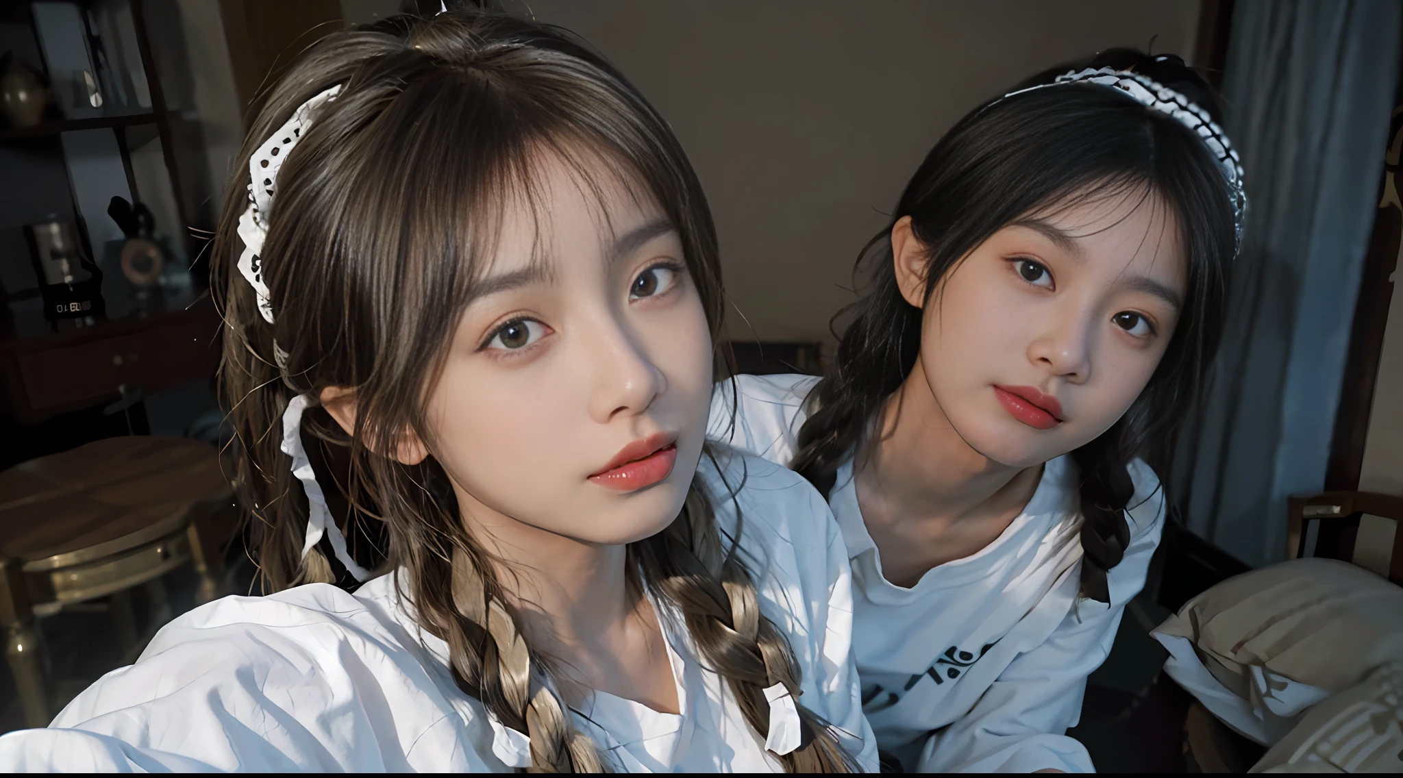8K, Best Quality, Masterpiece, Ultra High Resolution, (Realism: 1.4), Original Photo, (True Skin Texture: 1.3), (Film Grain: 1.3), (Selfie Angle), 1 Girl, Beautiful Eyes and Face Details, Masterpiece, Best Quality, Close-up, Full Body, Blonde, Double Braids, Bow,