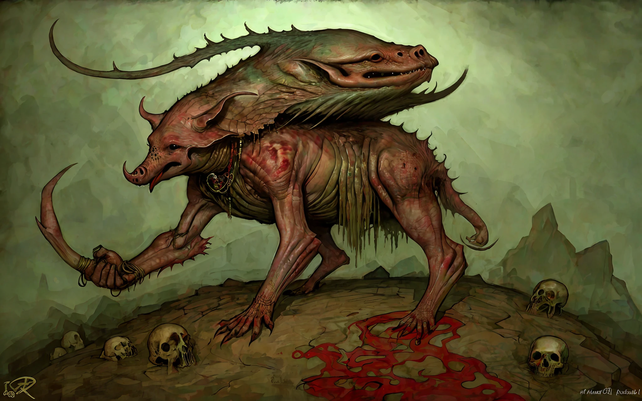 Draw a pig crouched in a pile of skulls, dismembered, blood, corpse, ritual, summoning circle, dynamic pose, cult
Ink and watercolor, detailed, fantasy, pastel colors, disgusting colors (red and green tones)
Arthur Rackham's Art,
Best quality, (Ariel style: 1.0)
masterpiece
Dark, terrifying, creepy, creepy,