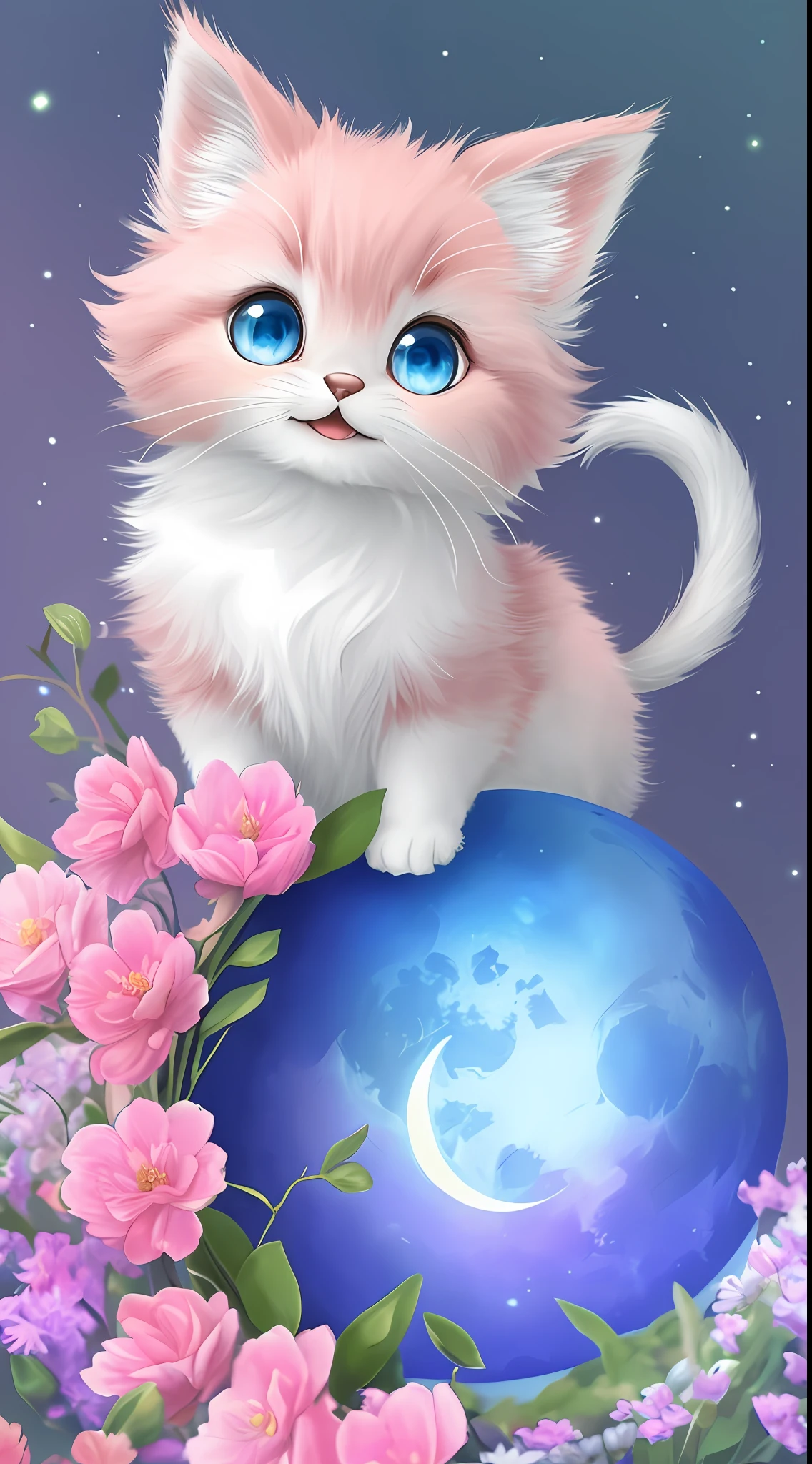 A kitten with a tiny tail, a small nose, small ears, blue eyes, pink background, flowers, vases, dreams, open mouth, smile, Caroline Chariot-Dayez pastels, tumblr, furry art, elokitty, Disney's Bambi cat, Disney's stylized furry, ears floating, fluffy tail, fluffy '', fluffy !!!, high resolution, furry art!!! The moon, small in size