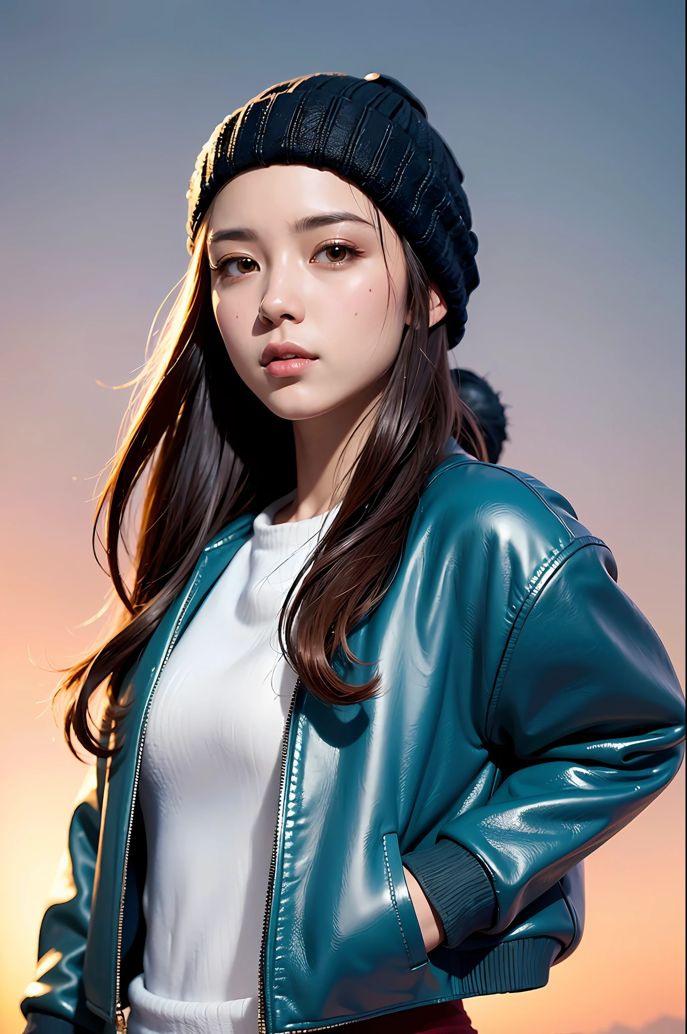 ( (8k:1.27), best quality, masterpiece, ultra highres:1.2) Photo of Pretty Japanese woman (beautiful:1.1) (sci-fi warrior woman:1.1) space soldier, (beanie:1.61) (leather jacket:1.21) intricate elegant, fantasy, detailed, ometric by greg rutkowski and alphonse mucha, gradient lighting